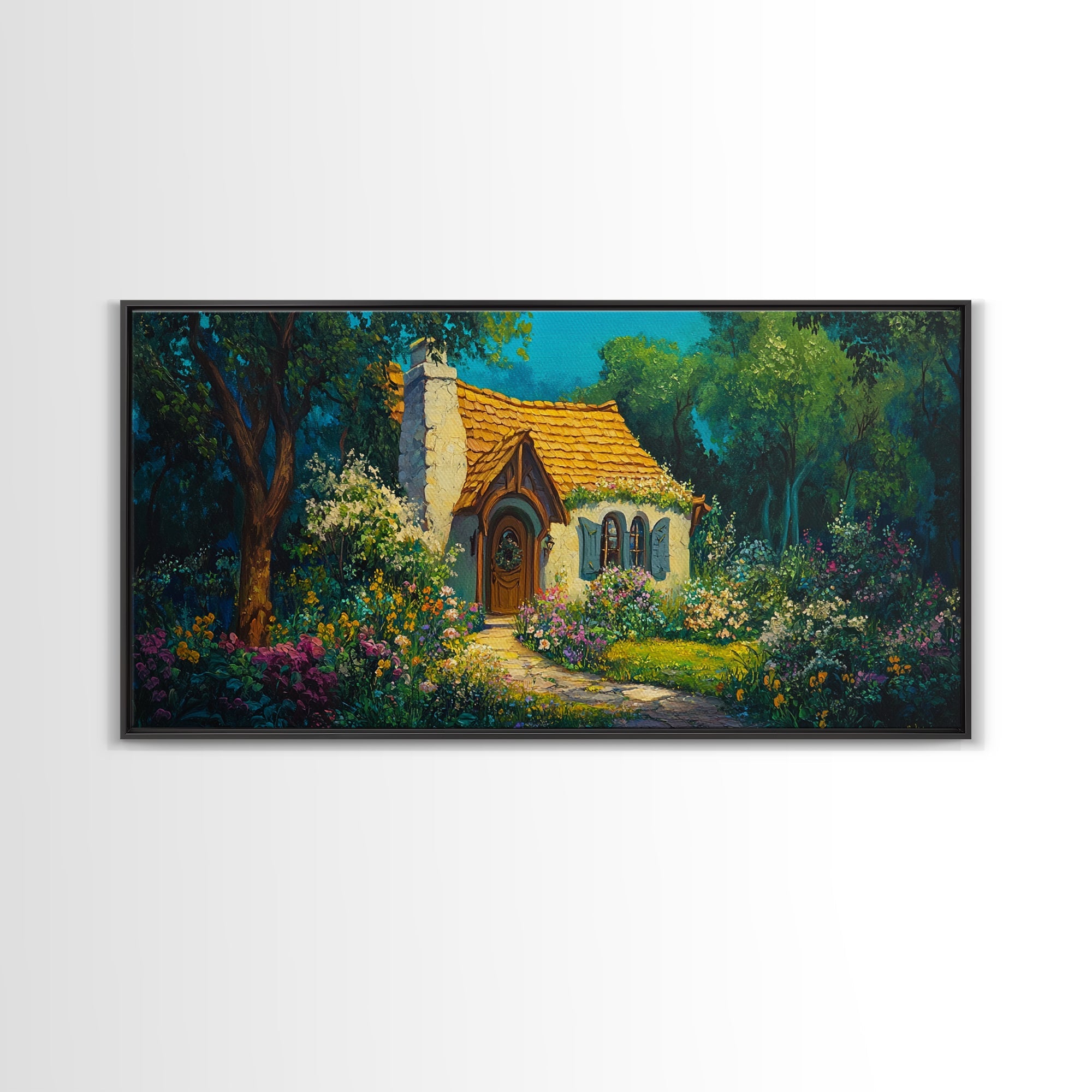 Garden Cottage Scene Framed Canvas Print Whimsical Cottagecore Art Rustic Wall Decor Fairytale Landscape Painting Guest Room Art