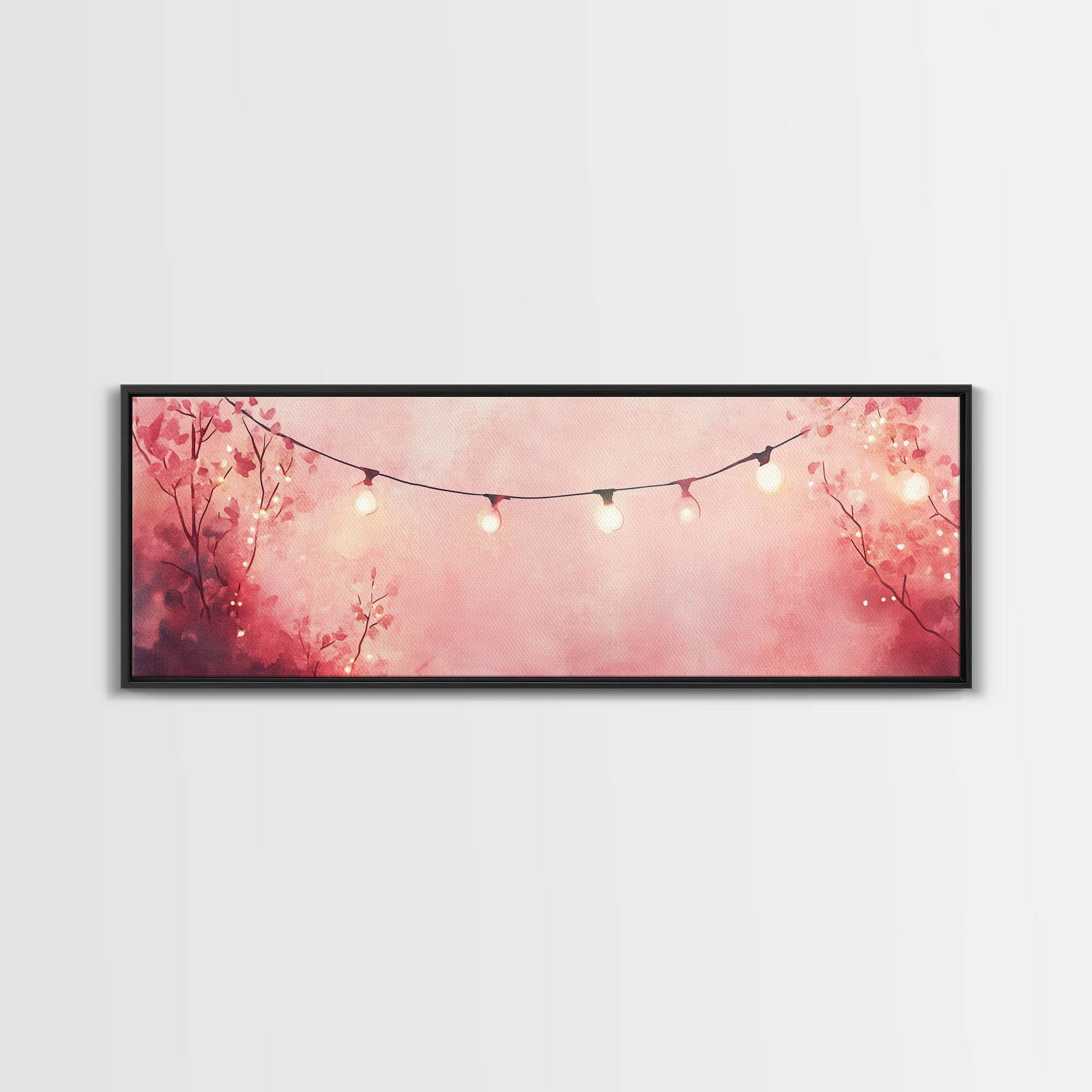 Pink Wall Art Framed Canvas Print with Fairy Lights in Blush Backdrop, Cottagecore Aesthetic, Horizontal Rustic Decor for Living Room
