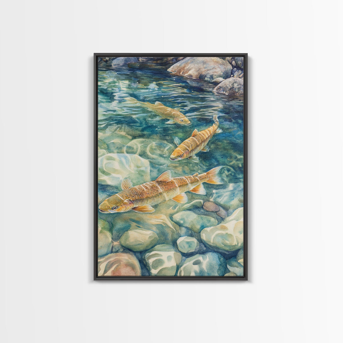 Gentle Swimming Trout Framed Canvas Print Fly Fishing Art Rustic Living Room Wall Art Cabin Decor Gift Idea Cottagecore
