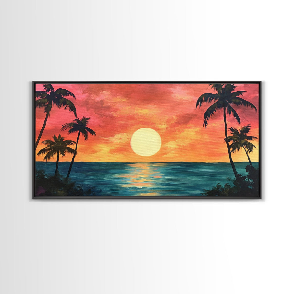 Tropical Sunset, Palm Tree Art, Coastal Cowgirl Wall Art, Hawaii Art, Ocean Landscape, Horizontal Wall Art, Framed Canvas Print | | Wiccan Center
