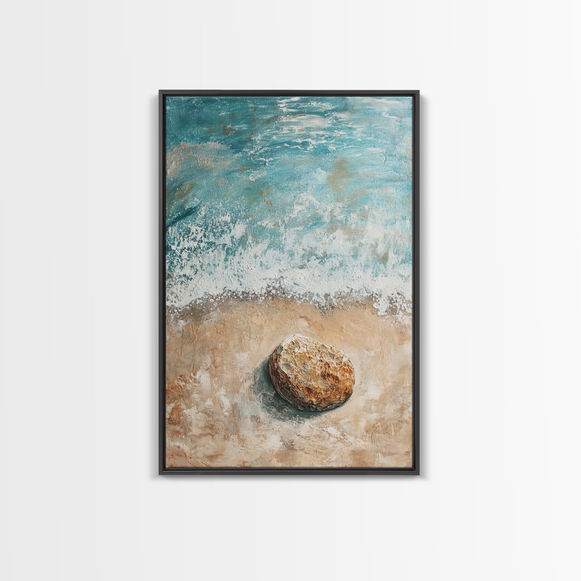 Serene Beach Stone Canvas Print Tranquil Ocean Art, Coastal Zen Wall Decor, Relaxing Beach House Style, Minimalist Seascape Painting | | Wiccan Center