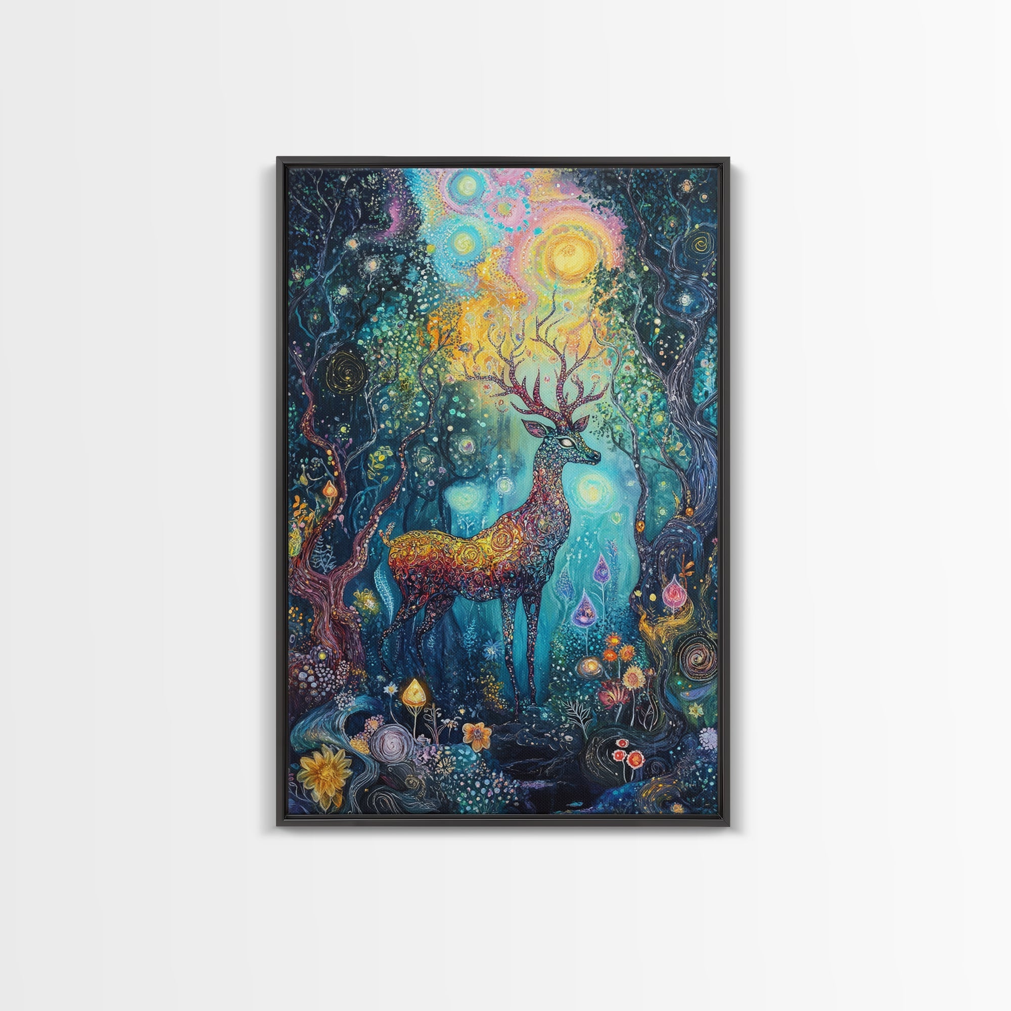Celestial Deer, Magical Forest, Fantasy Animal Art, Enchanted Wall Art, Cottagecore Wall Art, Above Couch Art, Framed Canvas Print