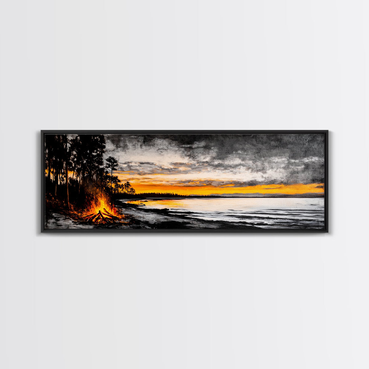 Campfire by Lake, Sunset Landscape Art, Cozy Rustic Print, Fall Wall Decor, Outdoor Adventure Canvas Print, Framed Canvas Print | | Wiccan Center