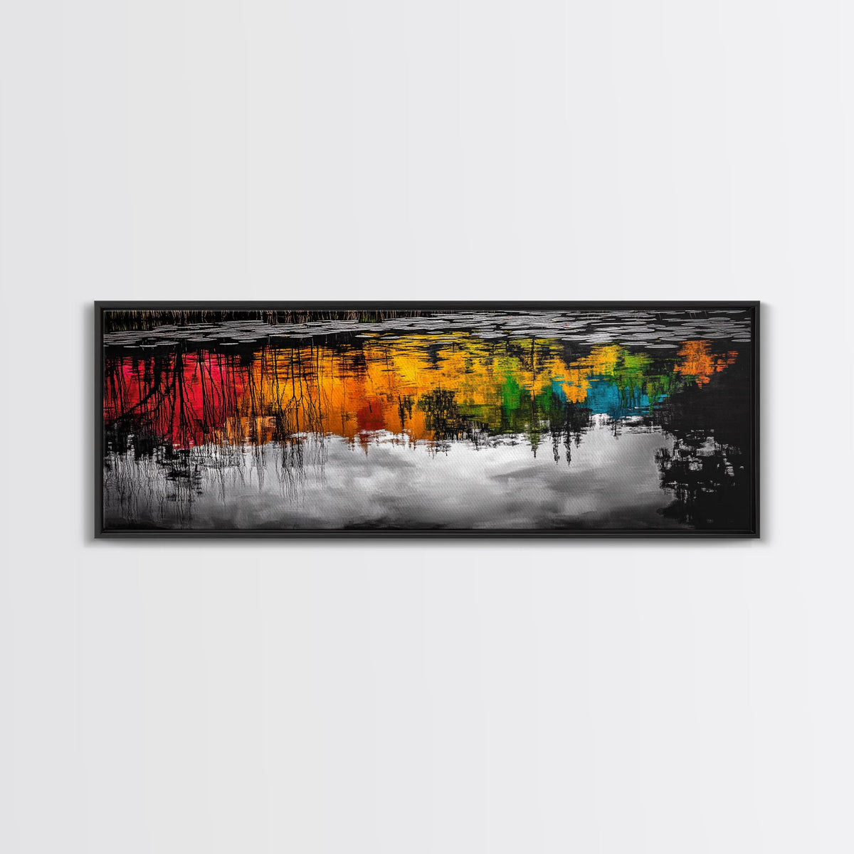 Colorful Reflection, Abstract Water Art, Nature Painting, Autumn Trees, Vibrant Colors, Black and White Contrast, Canvas Print | | Wiccan Center