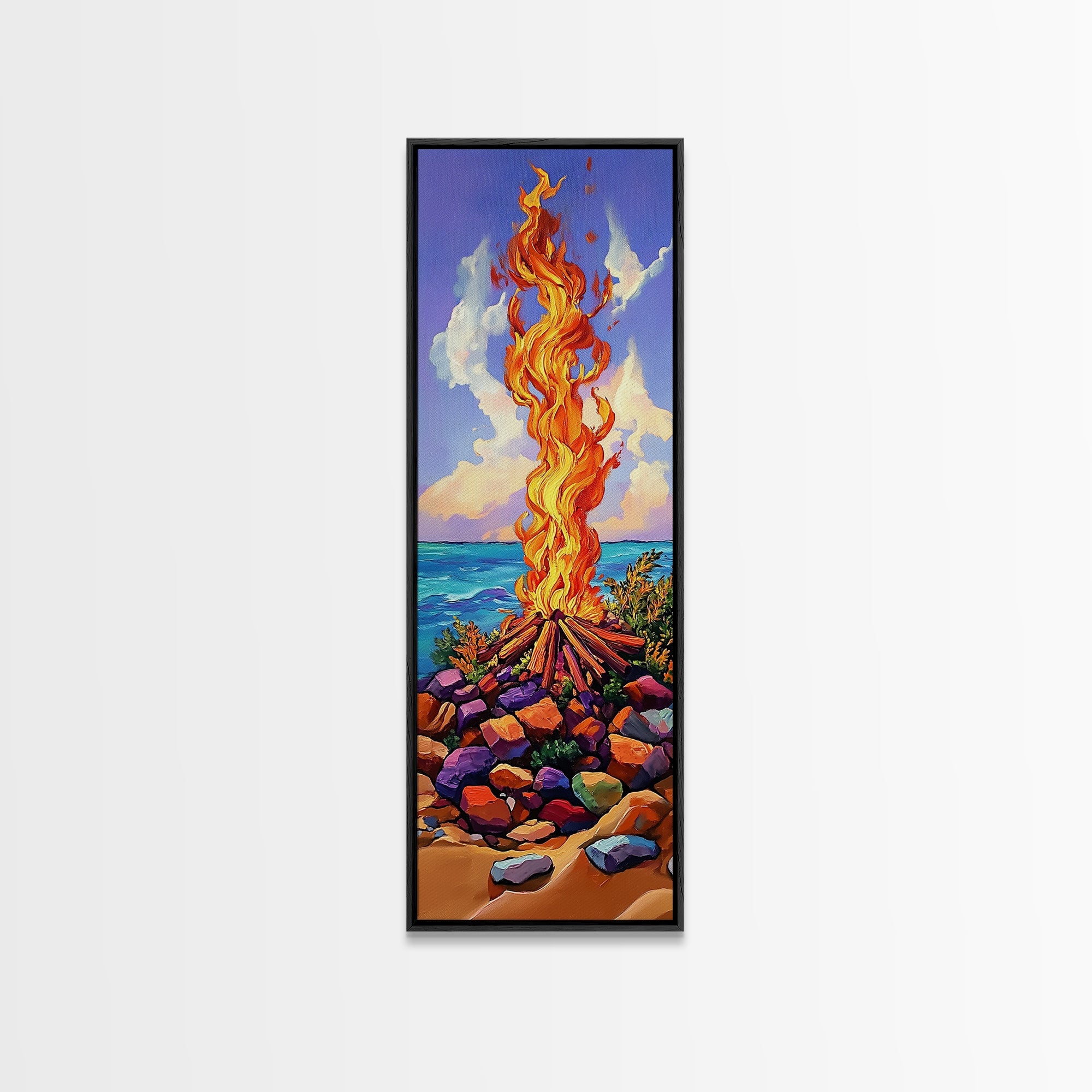 Campfire Ocean, Stones Sky – Coastal Bonfire Landscape, Colorful Nature Wall Art, Framed Canvas Print, Beach House or Cabin Decor | | Wiccan Center