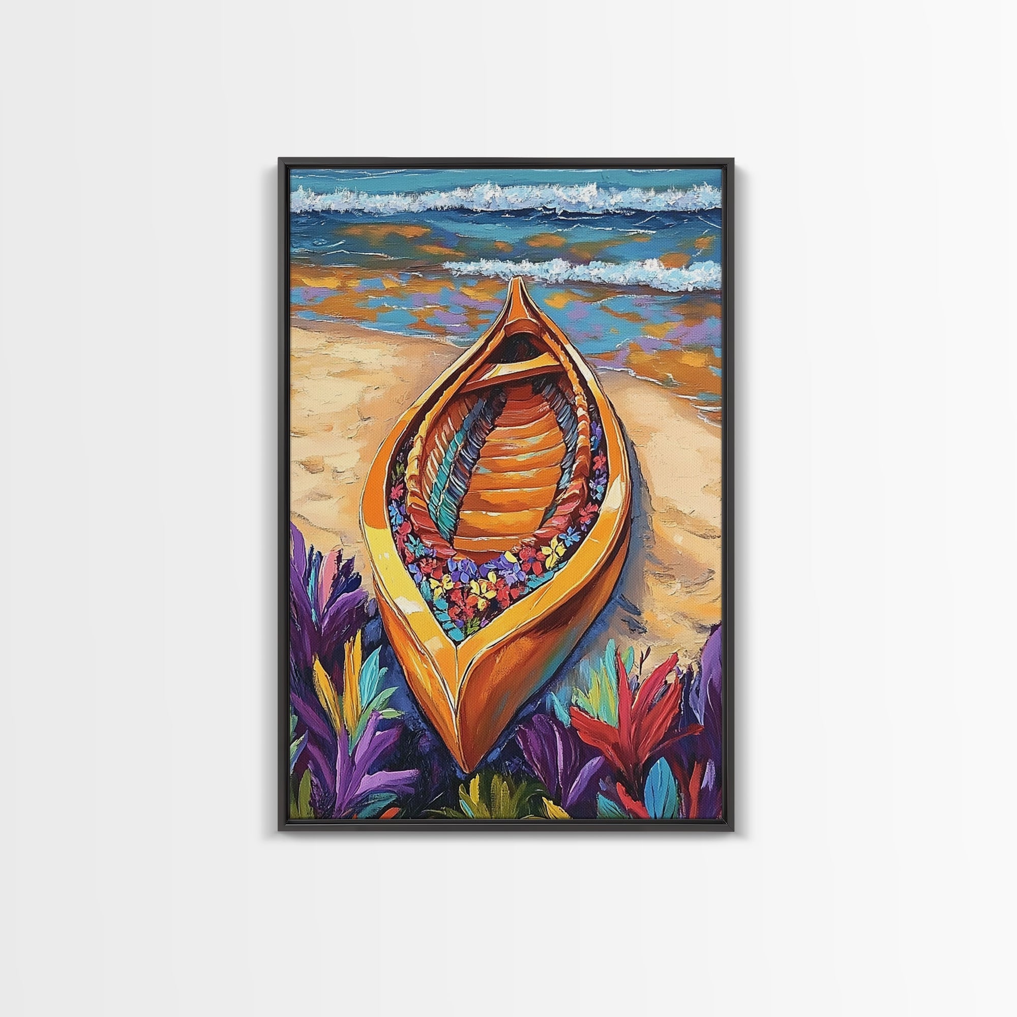 Flower Boat, Beach Magic, Vibrant Seashore, Tropical Joy, Canvas Print, Bathroom Wall Art, Nautical Decor, Bold Beach Colors, Boho Art