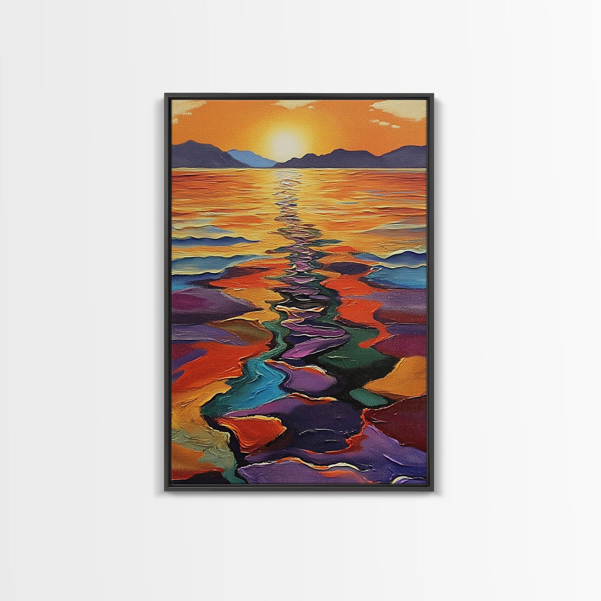 Sunset Reflection, Colorful Waters, Abstract Shoreline, Mountains — Framed Canvas Print modern abstract beach painting, bold hallway decor | | Wiccan Center