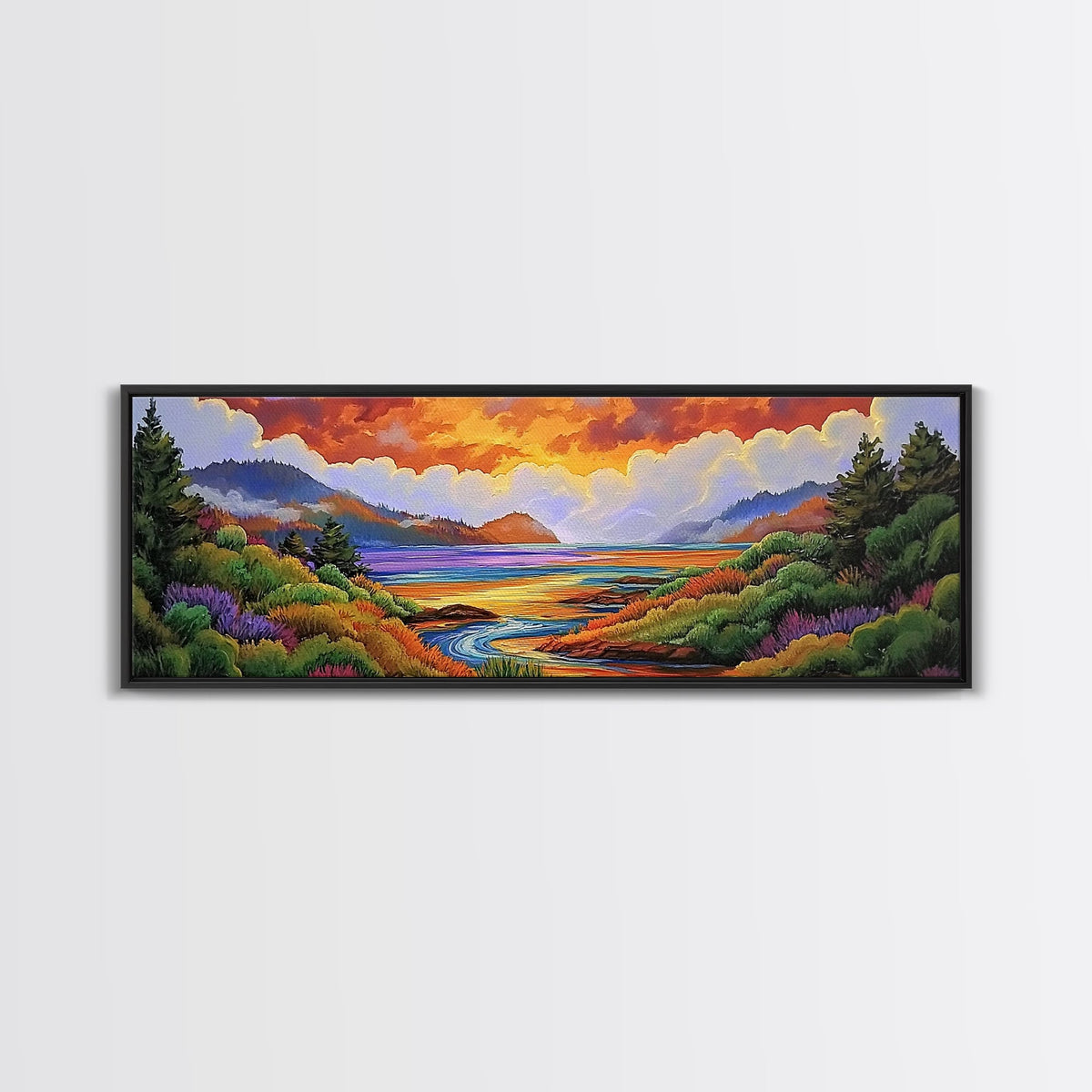 Sunset Lake Scene, Mountain View Art, Tranquil Waterscape Landscape, Framed Canvas Print, Nature Office Decor, Living Room Art | | Wiccan Center