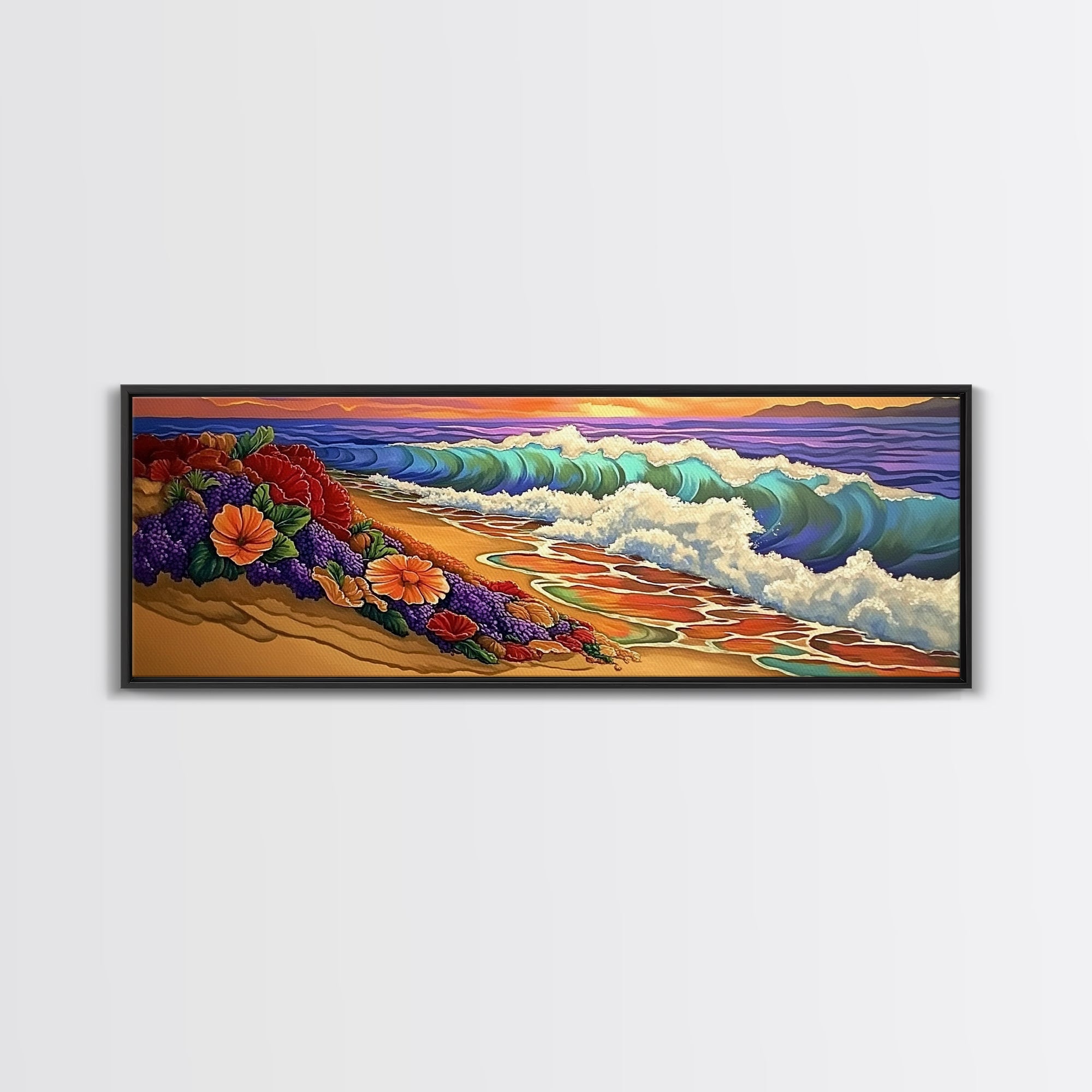 Floral Shoreline, Ocean Bloom, Wave Magic, Framed Canvas Print, Coastal Cottage Wall Art, Colorful Beach Art, Boho Seaside Vibes