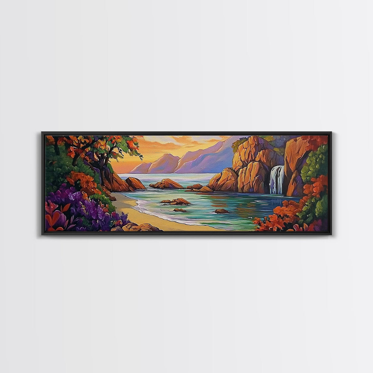 Waterfall Cove, Sunset Seascape, Tropical Paradise, Nature Retreat, Framed Canvas Print, Bathroom Wall Art, Vibrant Coastal Art | | Wiccan Center