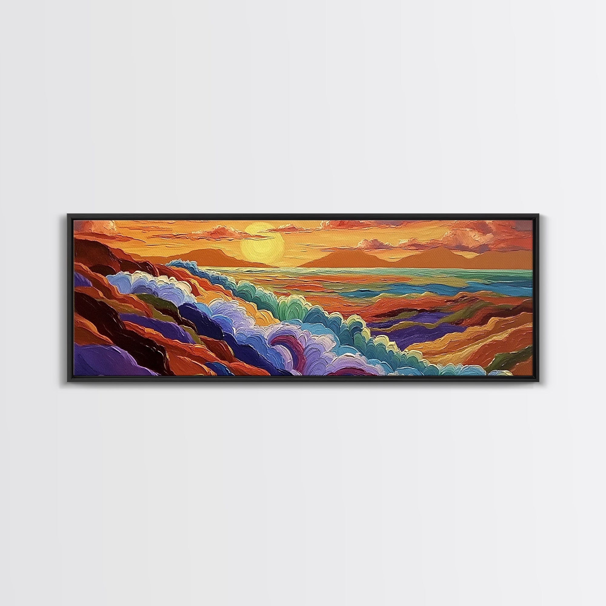 Rainbow Waves, Abstract Seascape, Sunset Magic, Bold Ocean Energy, Framed Canvas Print, Modern Wall Art, Artistic Living Room Decor