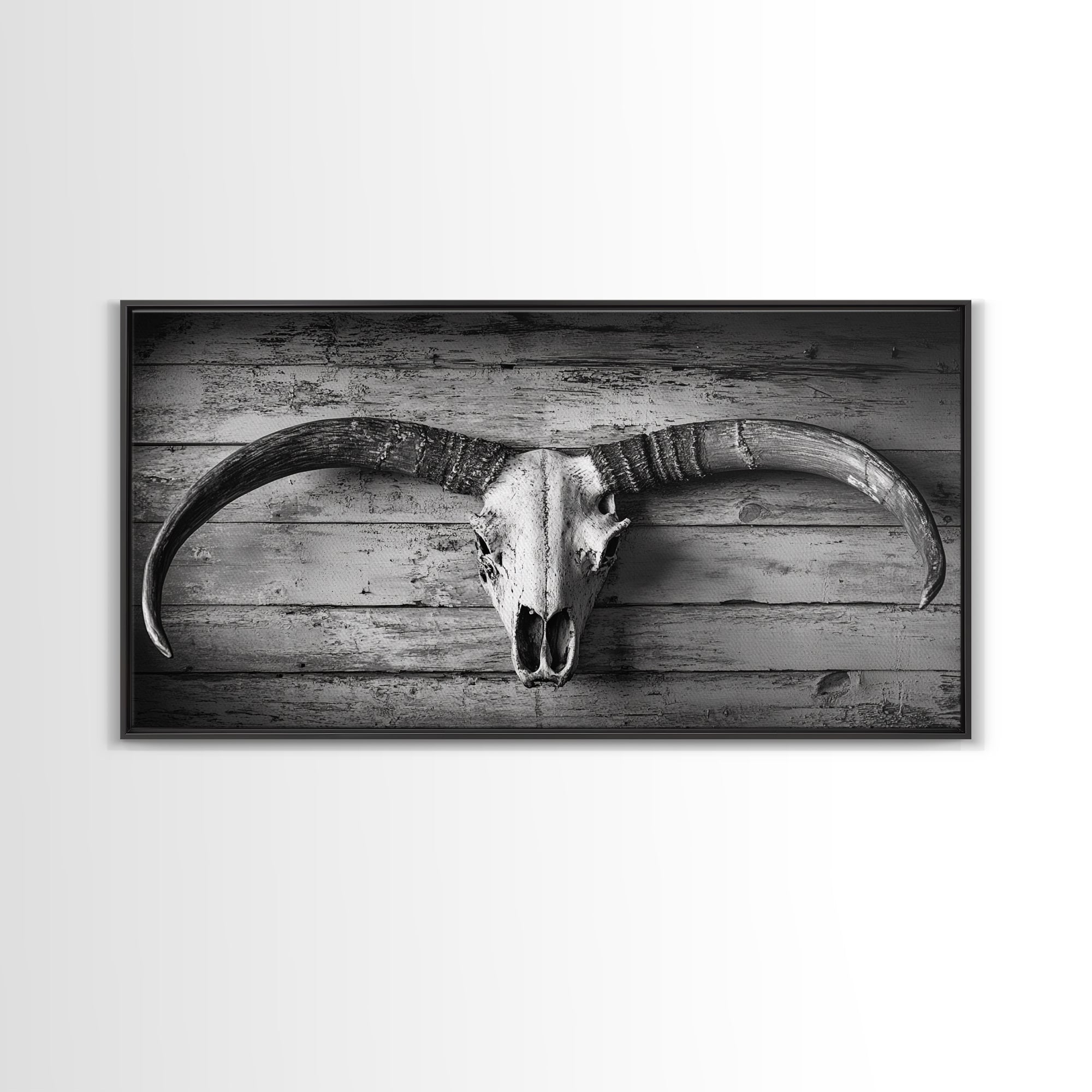 Bull Skull, Rustic Horns, Western Cabin Decor, Weathered Wood, Framed Canvas Print, Farmhouse Wall Art, Cowboy Office Decor, Rustic Wall Art | | Wiccan Center