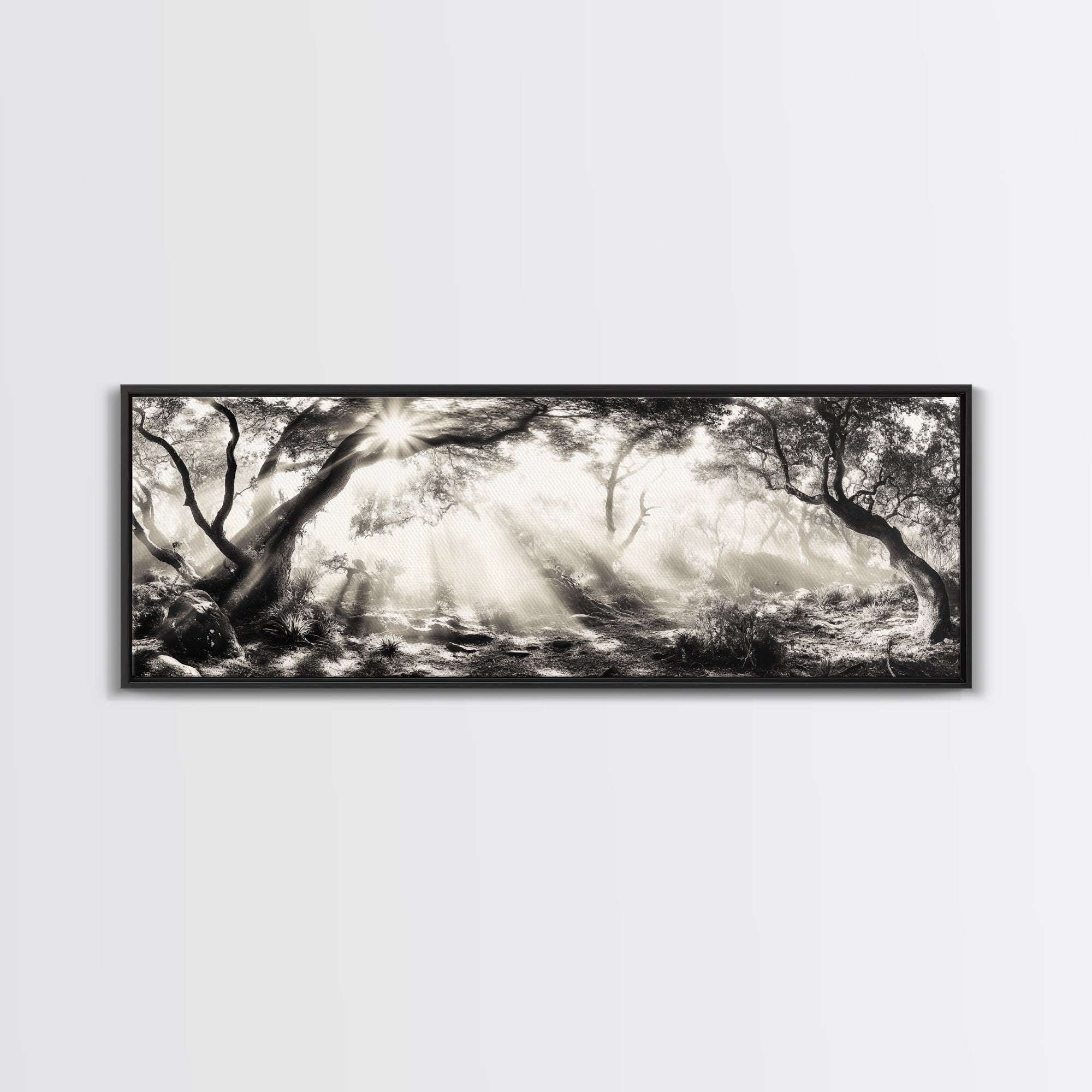 Enchanted Forest, Sunlight Rays, Dreamy Woodland, Framed Canvas Print, boho nature decor, spiritual wall art, bedroom forest scene