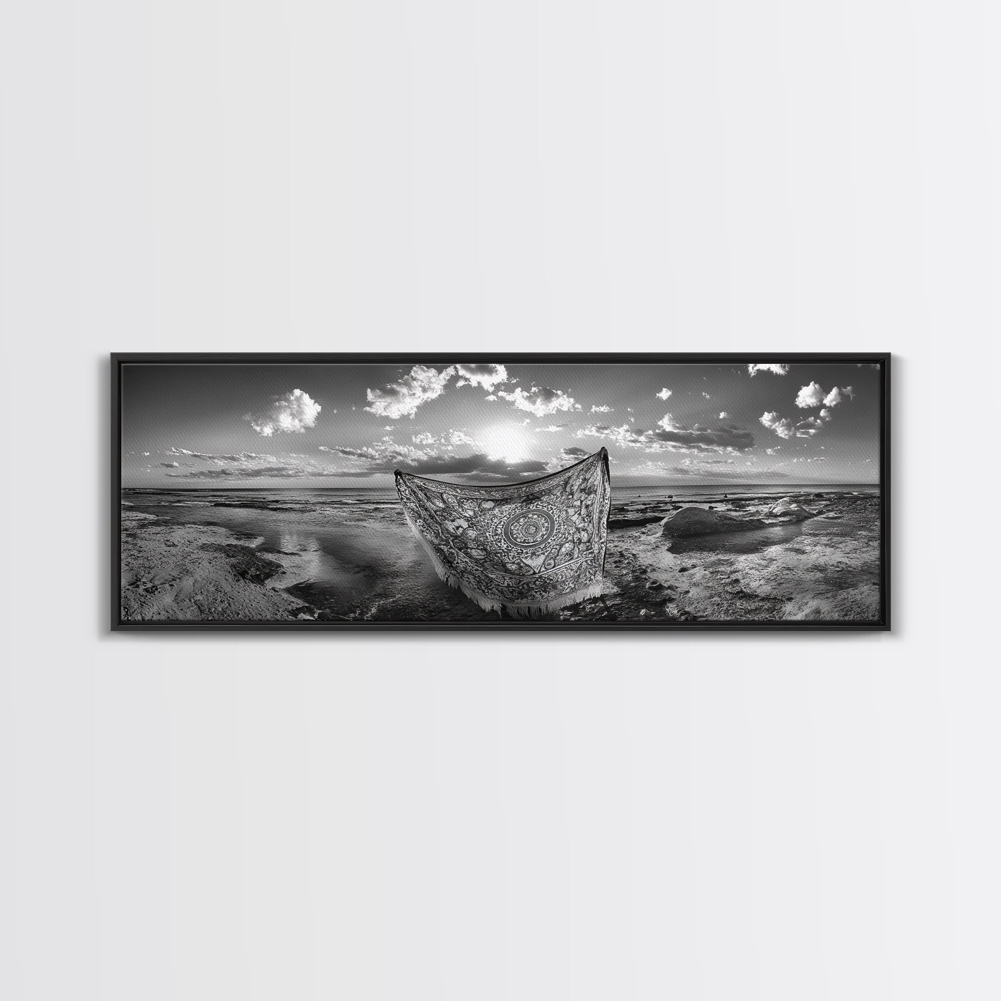 Sunset Sea, Magic Carpet, Ocean Ritual, Ethereal Coastal, Framed Canvas Print, Boho Wall Art, Living Room Decor, Surreal Beach Photography