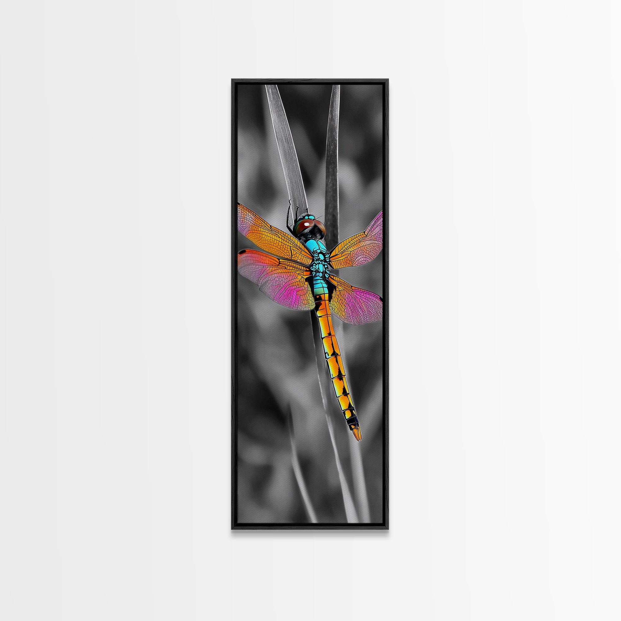 Vibrant Dragonfly, Garden Magic, Wing Detail, Nature Art – Framed Canvas Print, Living Room Wall Art, Botanical Decor, Color Pop Artwork