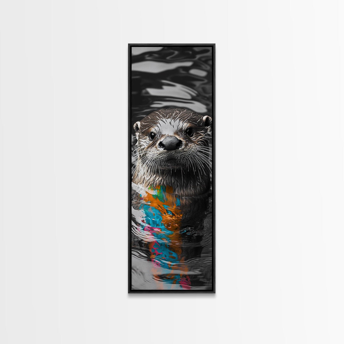 Otter Portrait, Water Reflection, Color Splash, Framed Canvas Print, Bathroom Wall Art, Modern Nature Decor, Animal Lover Gift