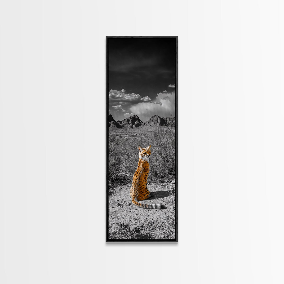 Wild Serval, Desert Cat, Savannah Wildlife, Majestic Predator, Framed Canvas Print, Safari Theme Living Room Wall Art, Modern Nature Decor