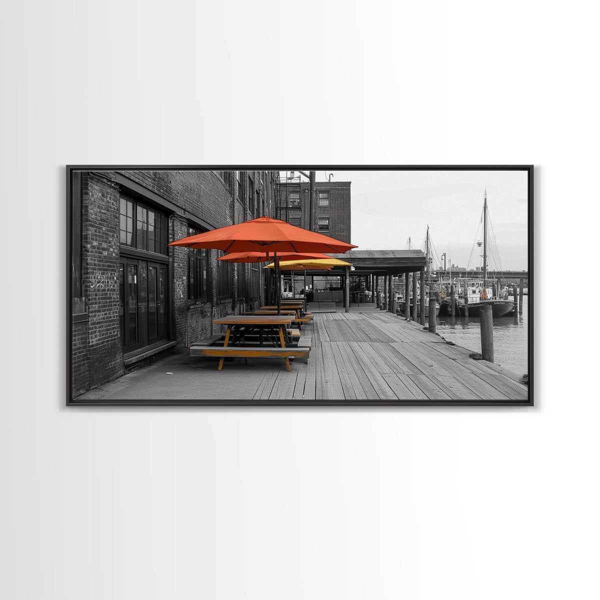 Urban Pier, Red Yellow Umbrellas, Waterfront Dining, Framed Canvas Print, Industrial Decor, Cafe Kitchen Wall Art, Cityscape Photography | | Wiccan Center