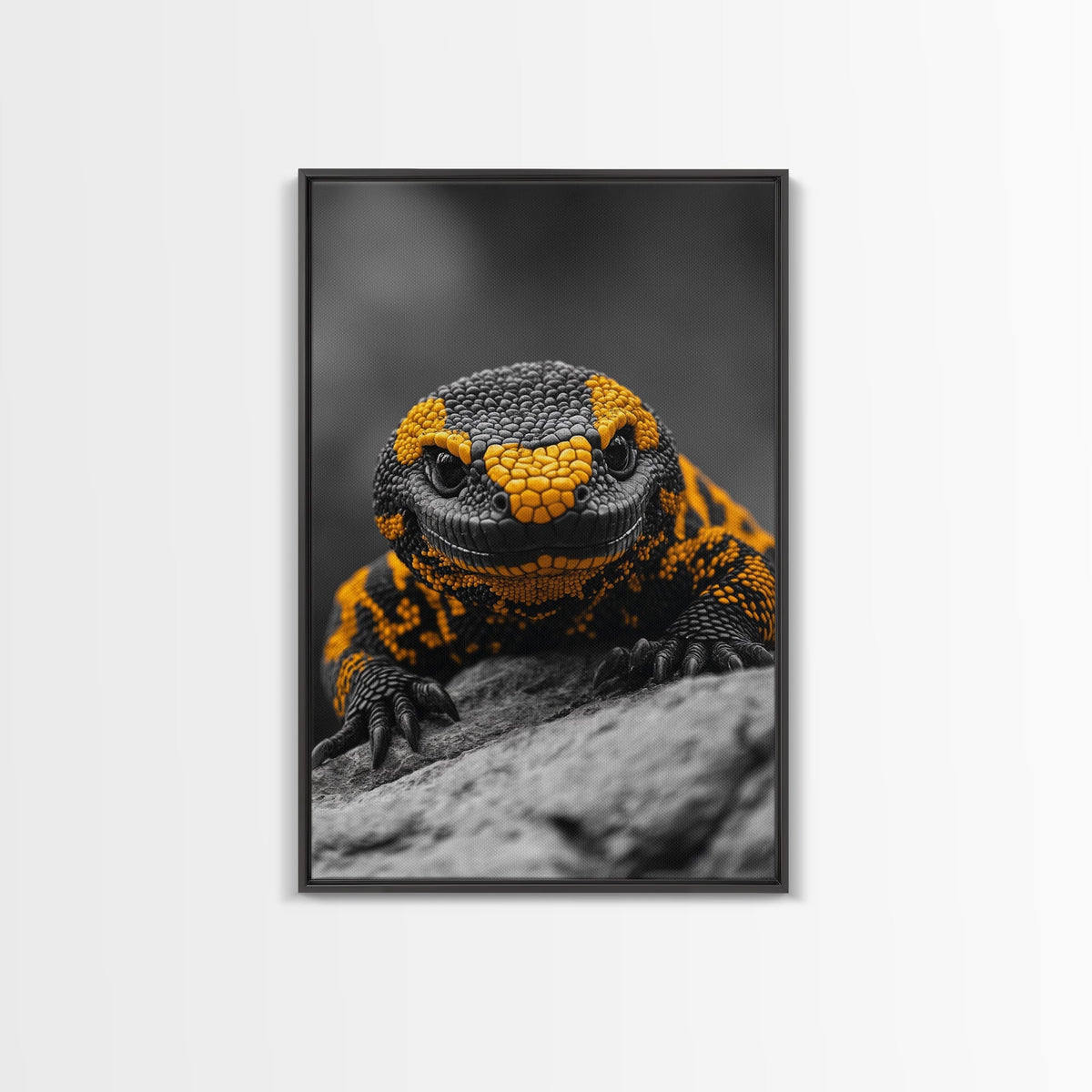 Lizard Close Up, Yellow and Black, Reptile Macro, Framed Canvas Print, Nature Photography, Animal Art, Man Cave Wall Art, Wildlife Decor