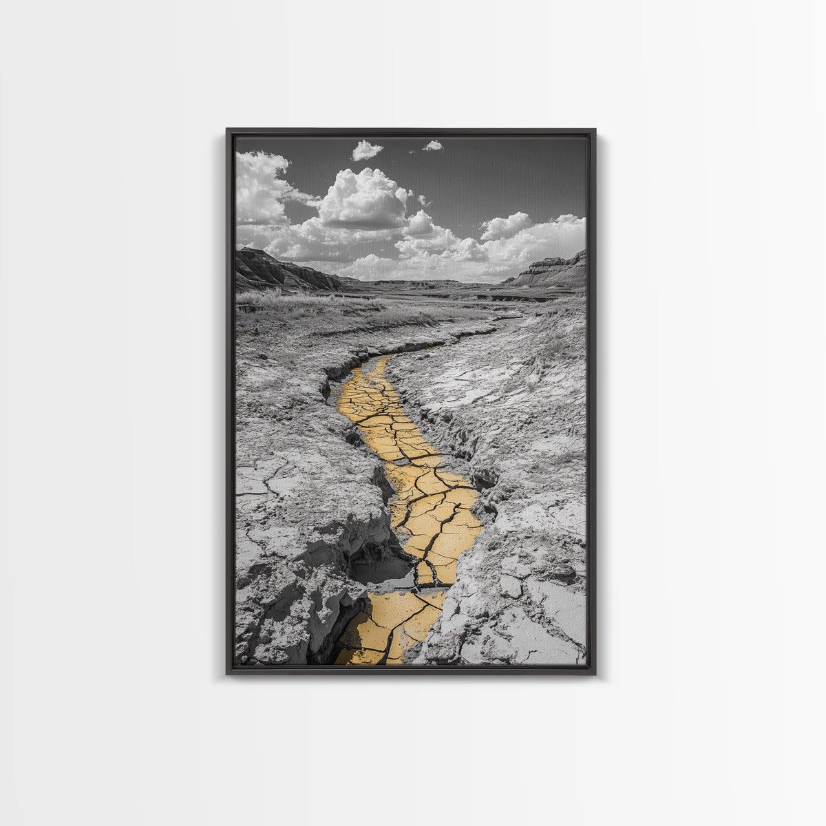 Desert Riverbed, Yellow Crack Trail, Dry Earth Path, Framed Canvas Print, Southwestern Wall Art, Minimalist Nature Decor, Earth Tone Style | | Wiccan Center