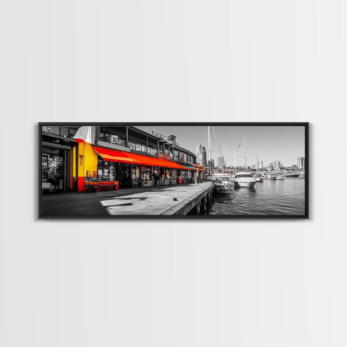 Waterfront Market, Urban Vibes, Boats and Shops, City Harbor — Framed Canvas Print, Kitchen Wall Art, Modern Cityscape, Vibrant Wall Decor | | Wiccan Center