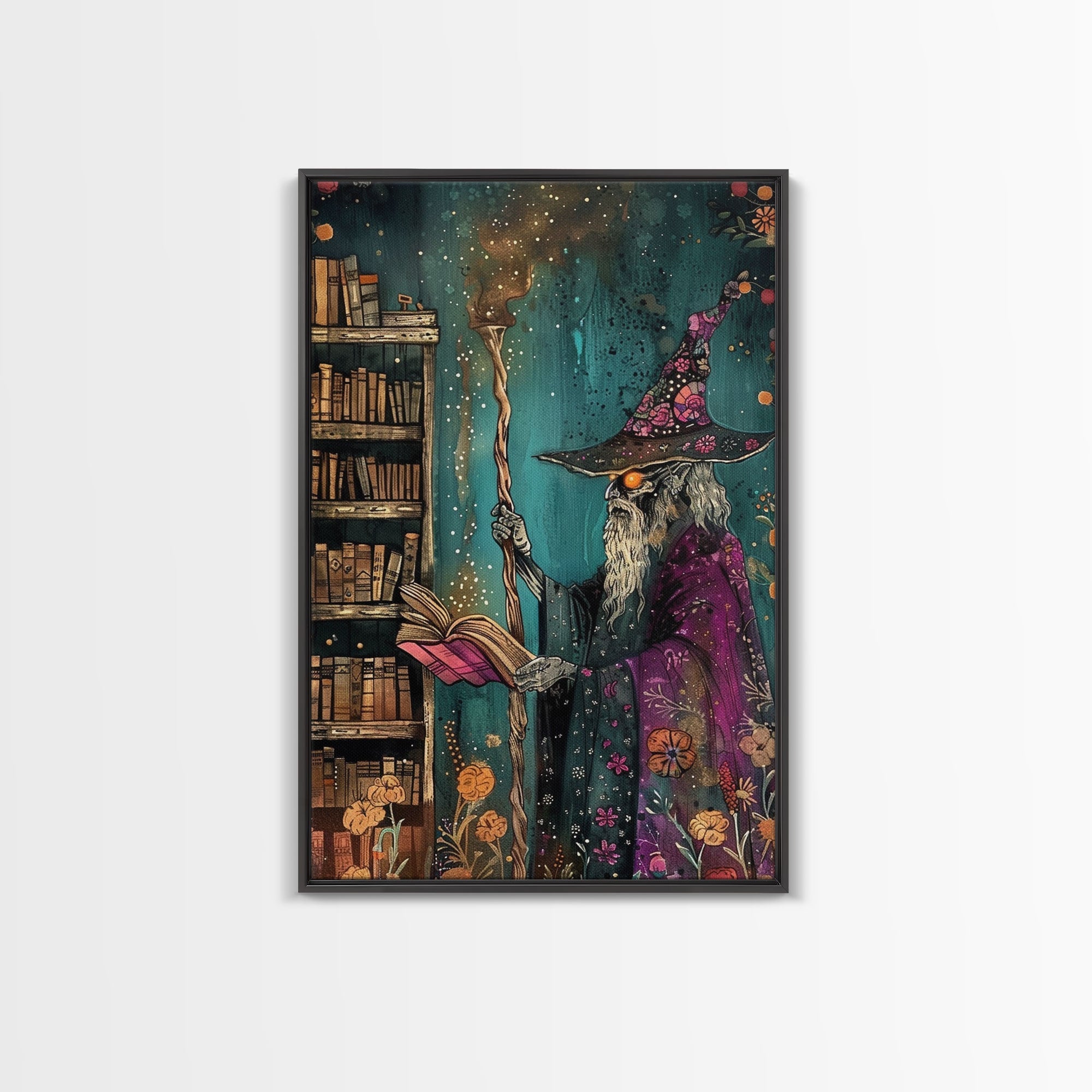Halloween Eerie Wizard in Haunted Library Framed Canvas Print, Gothic Wall Art, Home Decor, Witchcraft Decor, Gift Idea, Enchanted Study | | Wiccan Center