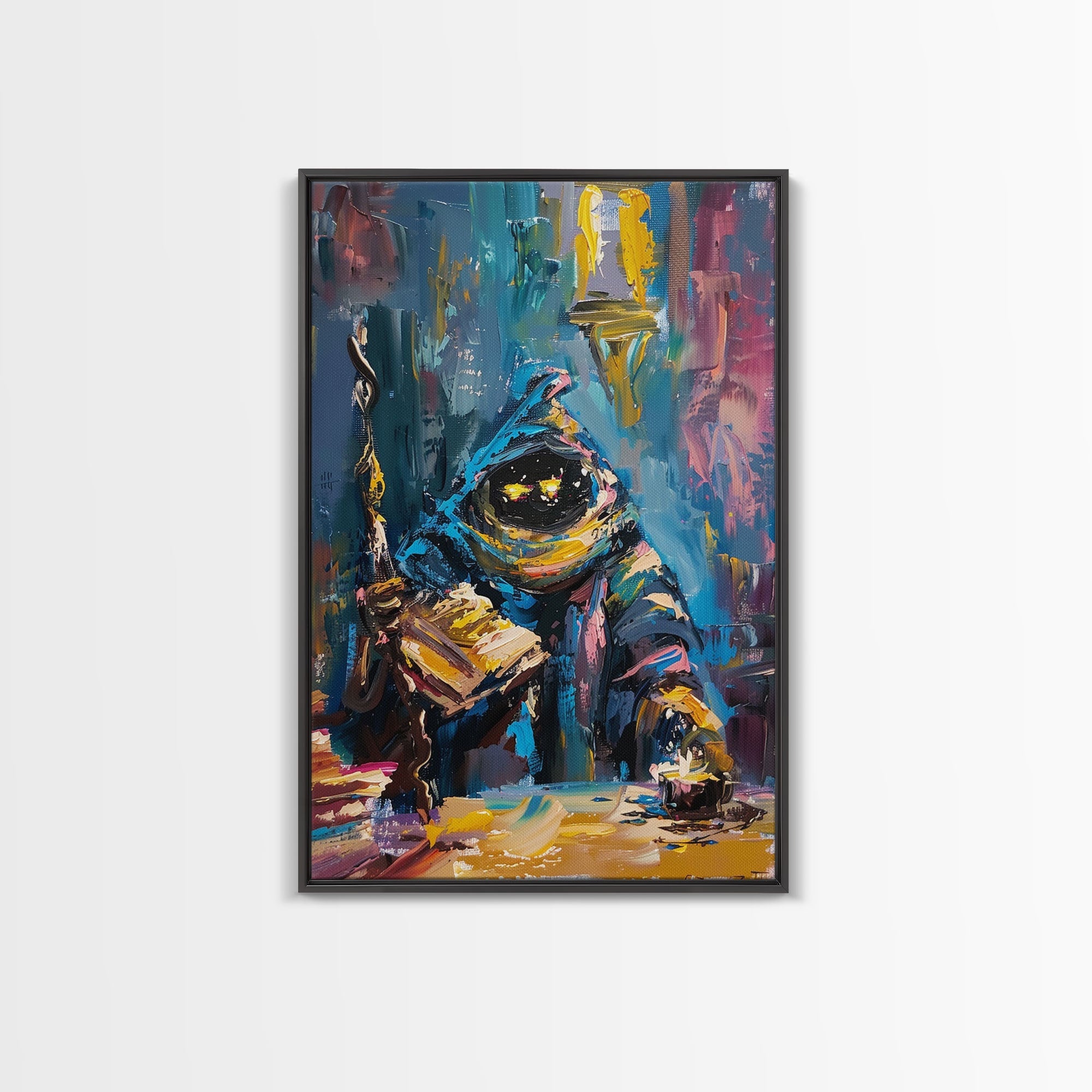 Halloween Creepy Wizard Reading Spells Framed Canvas Print, Spooky Wall Art, Home Decor, Occult Decor, Gift Idea, Dark Magic | | Wiccan Center