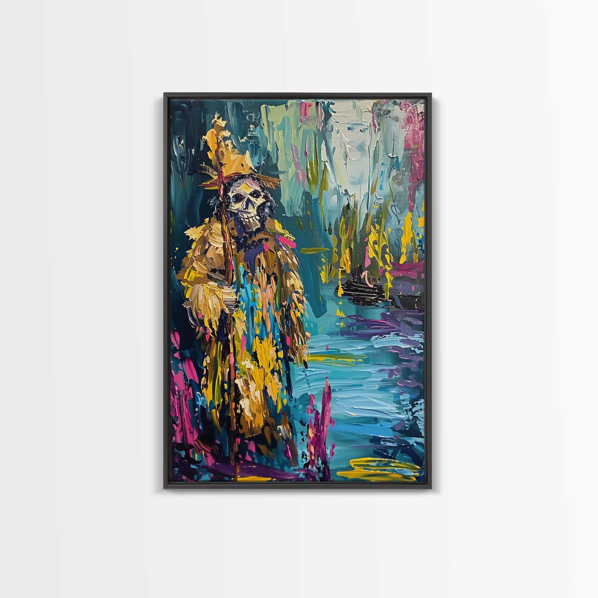 Halloween Skeleton Wizard, Framed Canvas Print, Wall Art, Home Decor, Spooky Artwork, Witchcraft Decor, Fantasy Art, Holiday Decor | | Wiccan Center