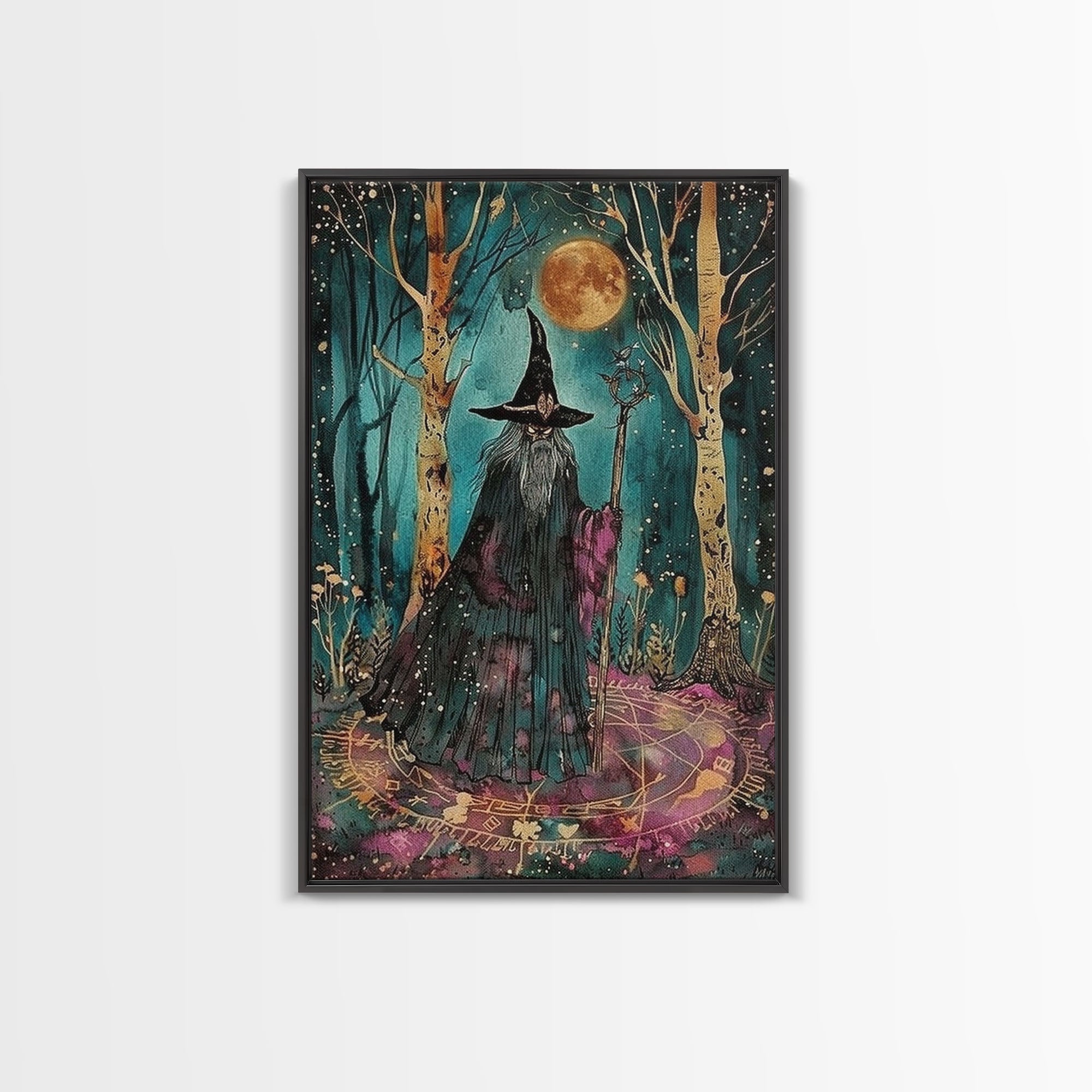 Halloween Wizard in Forest, Framed Canvas Print, Wall Art, Home Decor, Spooky Artwork, Magic Decor, Halloween Decor Painting, Holiday Decor | | Wiccan Center