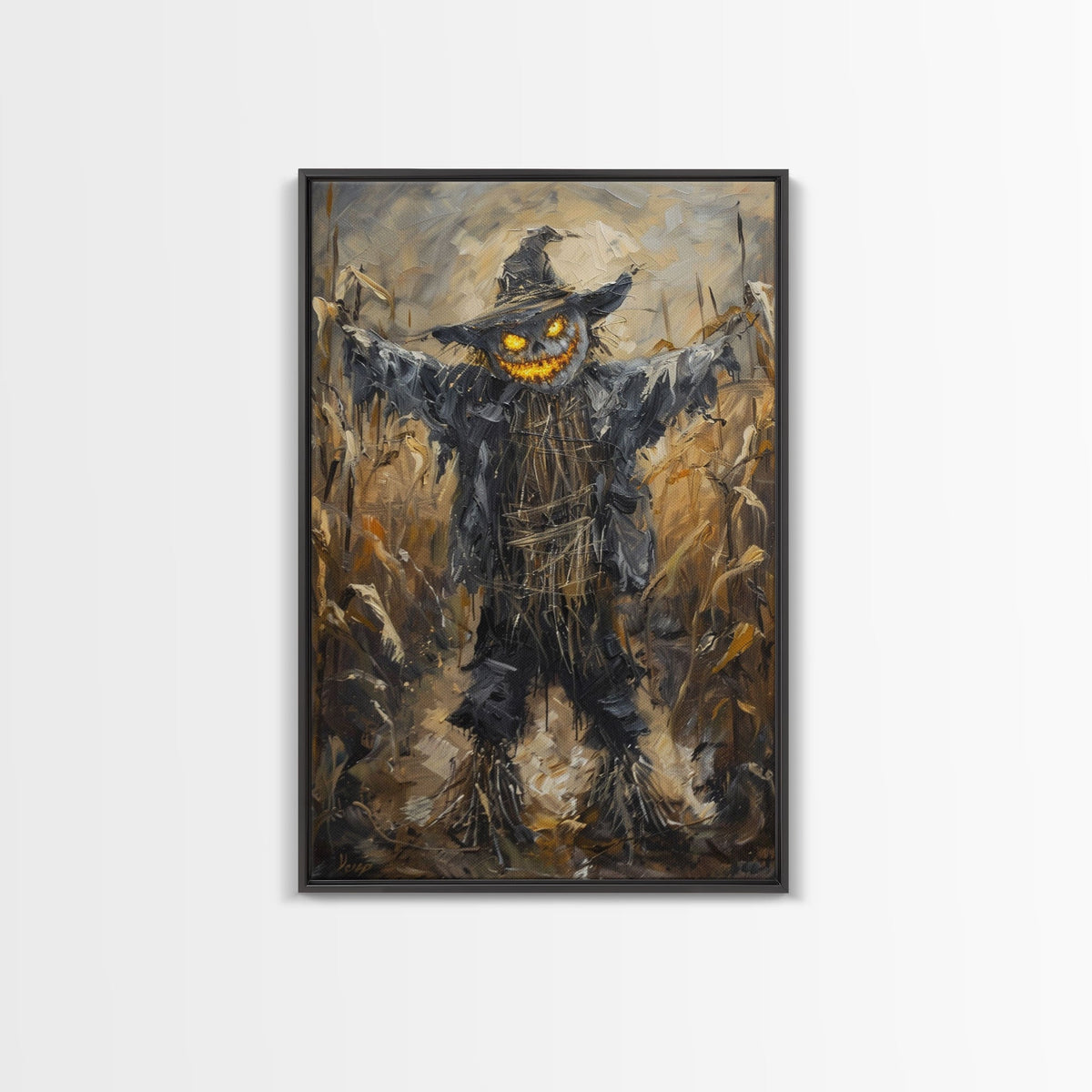 Sinister Scarecrow in Cornfield Framed Canvas Print | Halloween Horror Art | Spooky Farm Art | Creepy Scarecrow Art for Home Decoration | | Wiccan Center