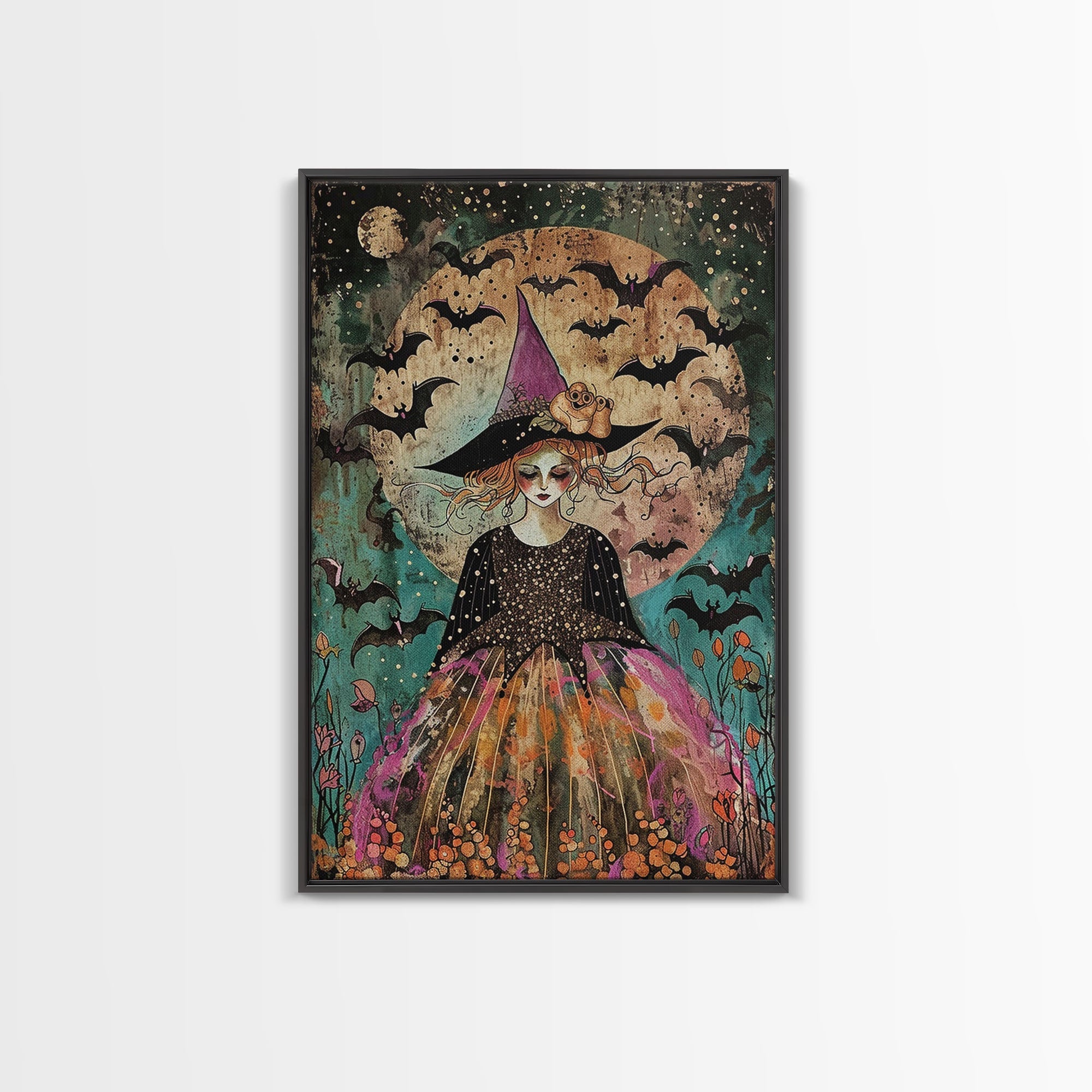 Whimsical Witch with Bats Under Full Moon, Framed Canvas Print, Spooky Halloween Art, Witch Decor, Magical Night, Enchanted Home Decor | | Wiccan Center
