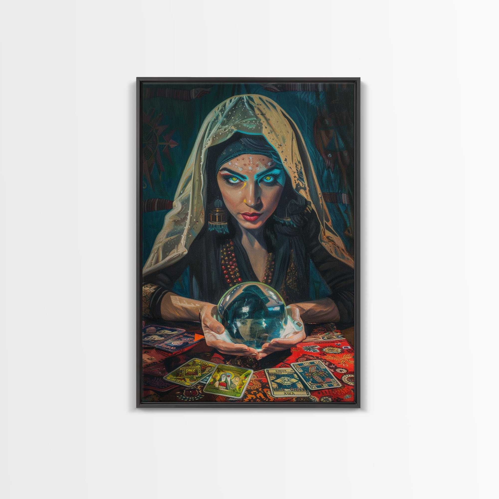 Enchanting Fortune Teller with Crystal Ball Under Moonlight - Mystical Witchcraft Framed Canvas Print, Halloween Gothic Home Decor | | Wiccan Center