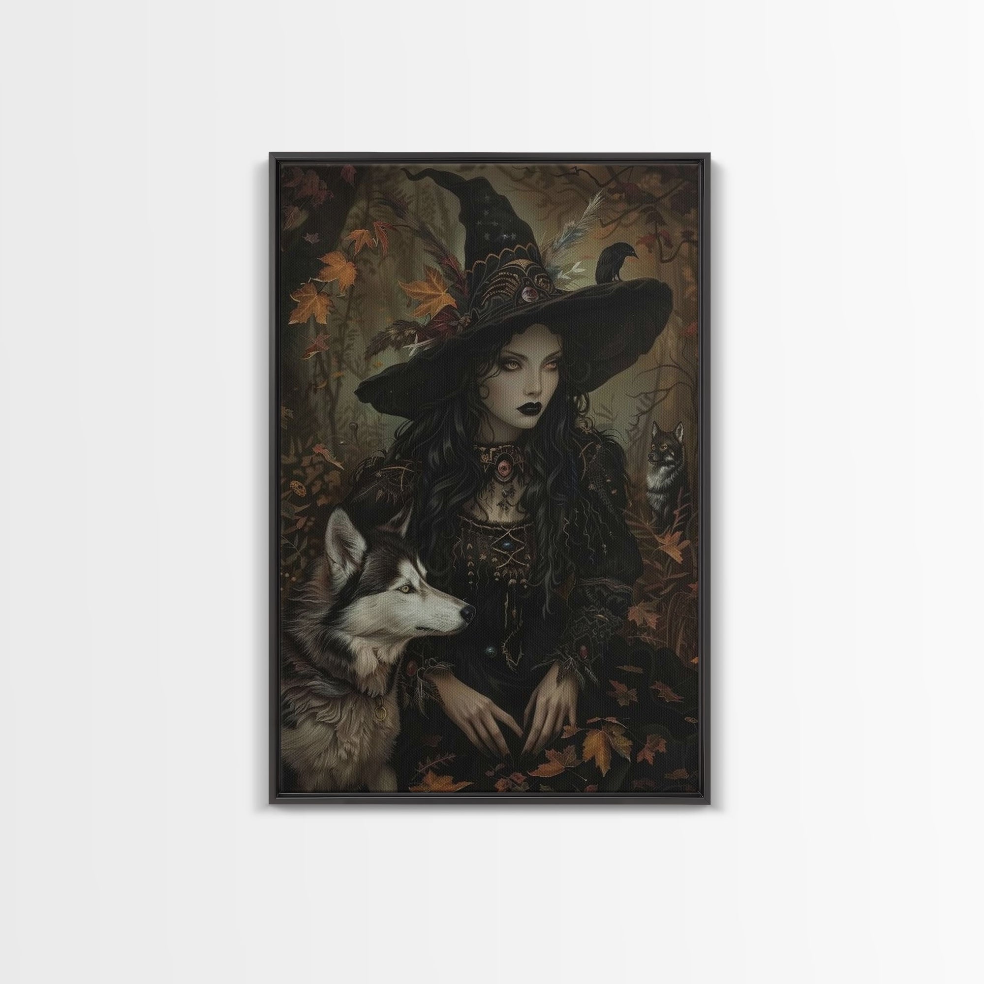 Witch with Wolves in Enchanted Forest - Dark Sorcery Mystical Art Framed Canvas Print, Halloween Gothic Decor | | Wiccan Center