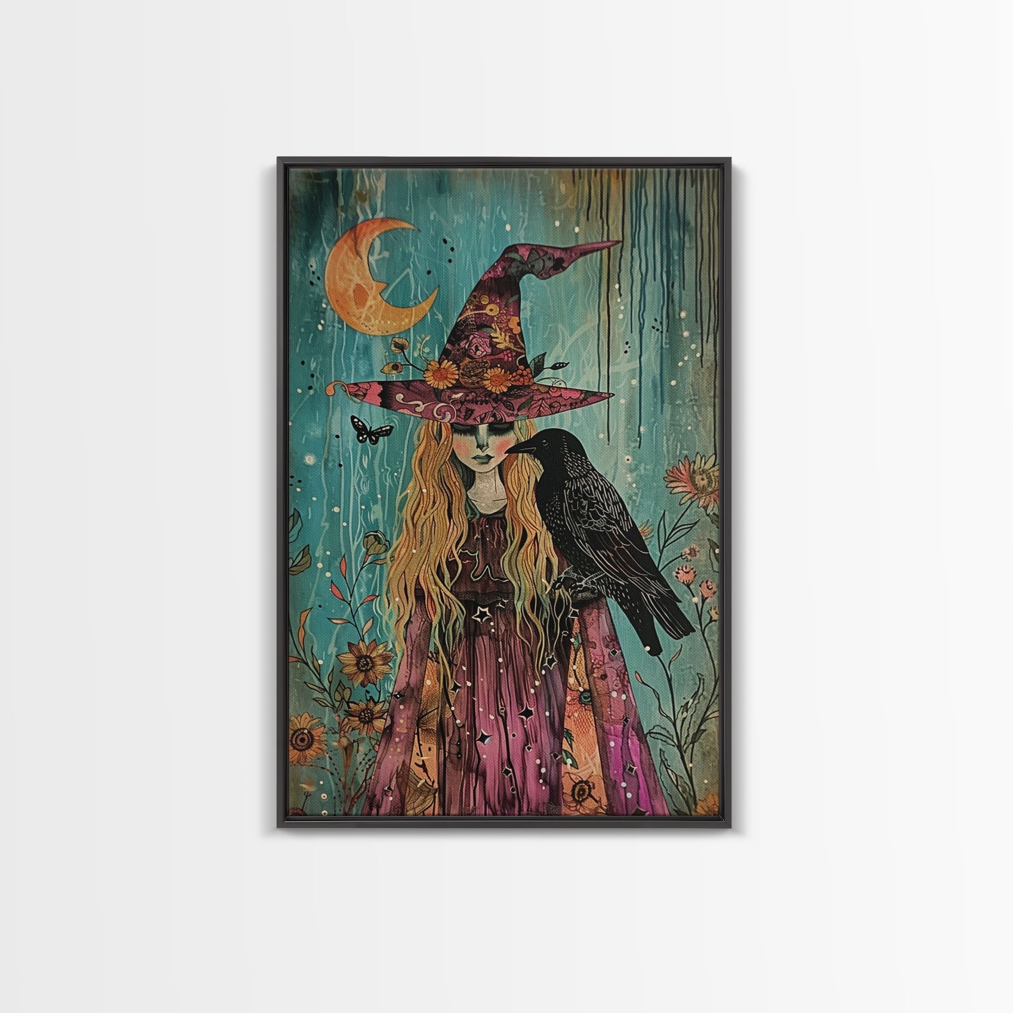 Witch with Owl in Magical Forest - Halloween Art, Gothic Art, Spooky Decor, Dark Magic Art, Enchanted Woods, Framed Canvas Print | | Wiccan Center