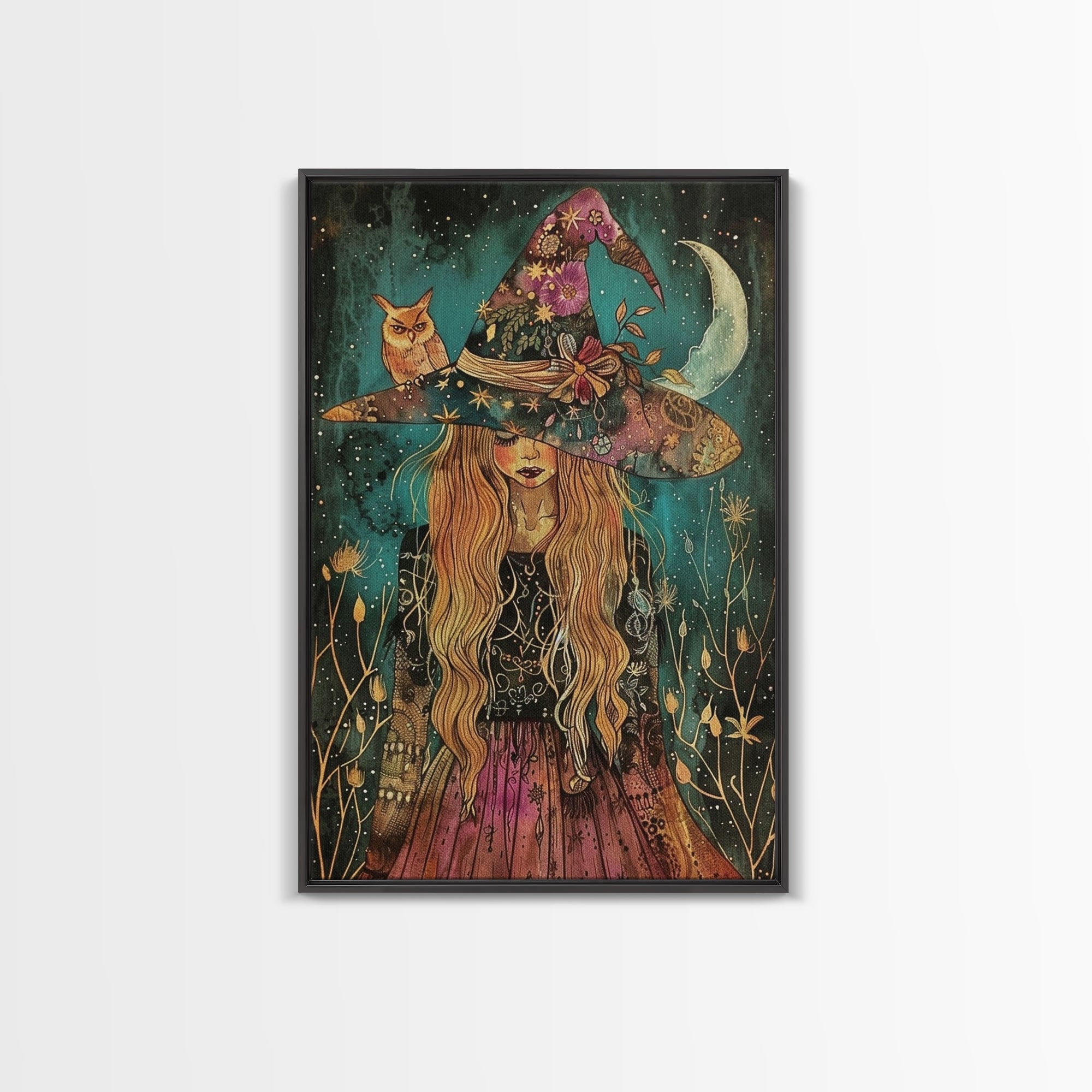 Witch with Black Cat and Moon - Halloween Art, Gothic Art, Spooky Decor, Dark Magic Art, Ominous Portrait, Moonlit Night Framed Canvas Print | | Wiccan Center