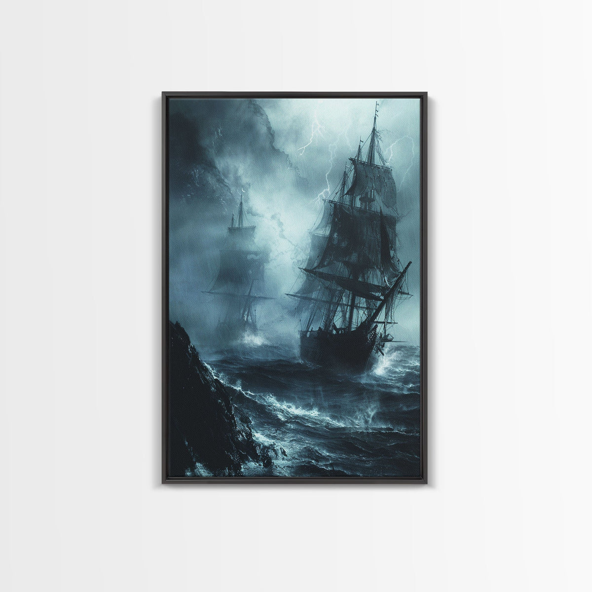 Ghost Ship in Storm Halloween Art, Spooky Maritime, Haunted Ocean, Creepy Seascape, Stormy Night, Framed Canvas Print