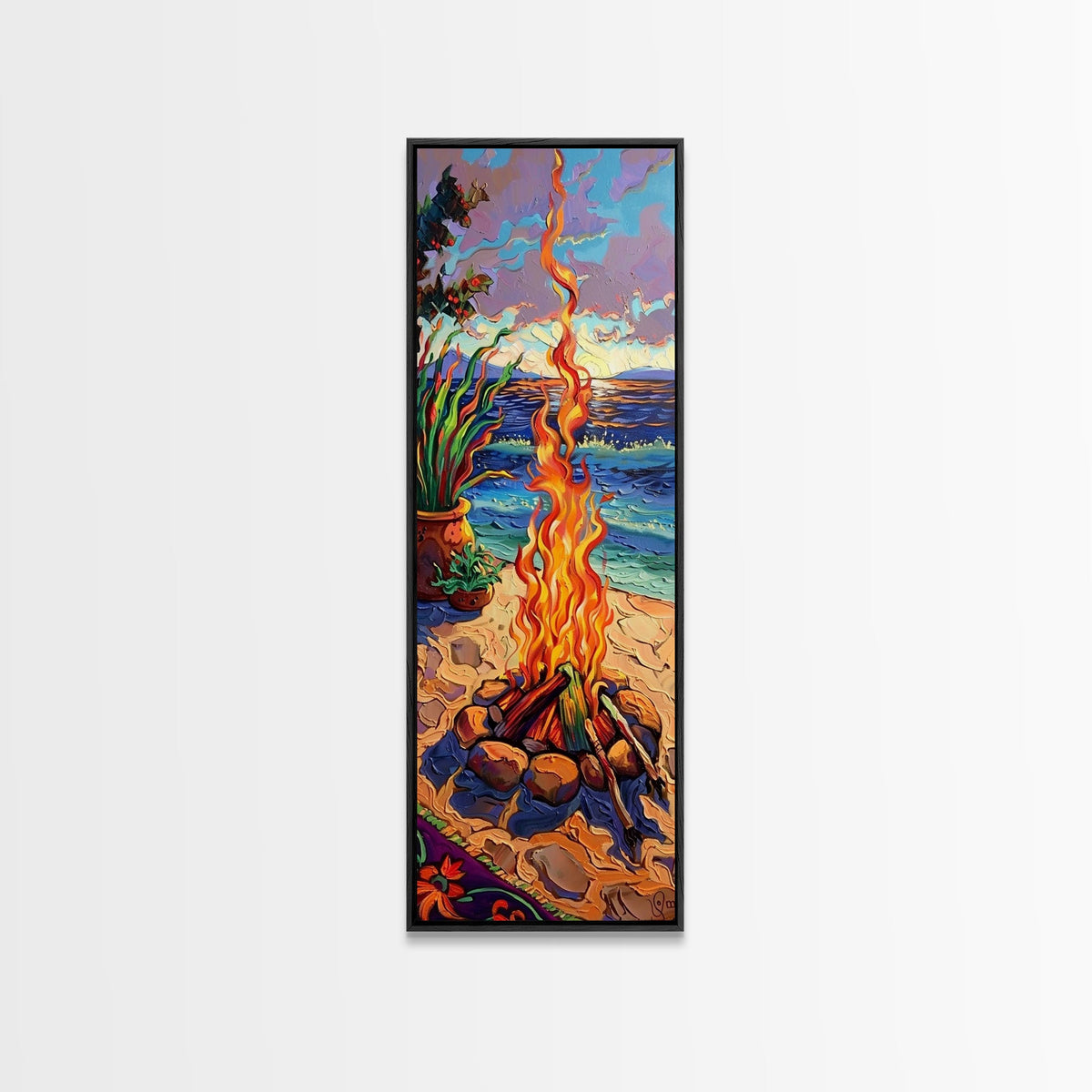 Abstract Canvas Painting of Campfire on Beach, Beachy Wall Art, Tall and Narrow Vertical Wall Art, Canvas Painting Printed and Framed | | Wiccan Center