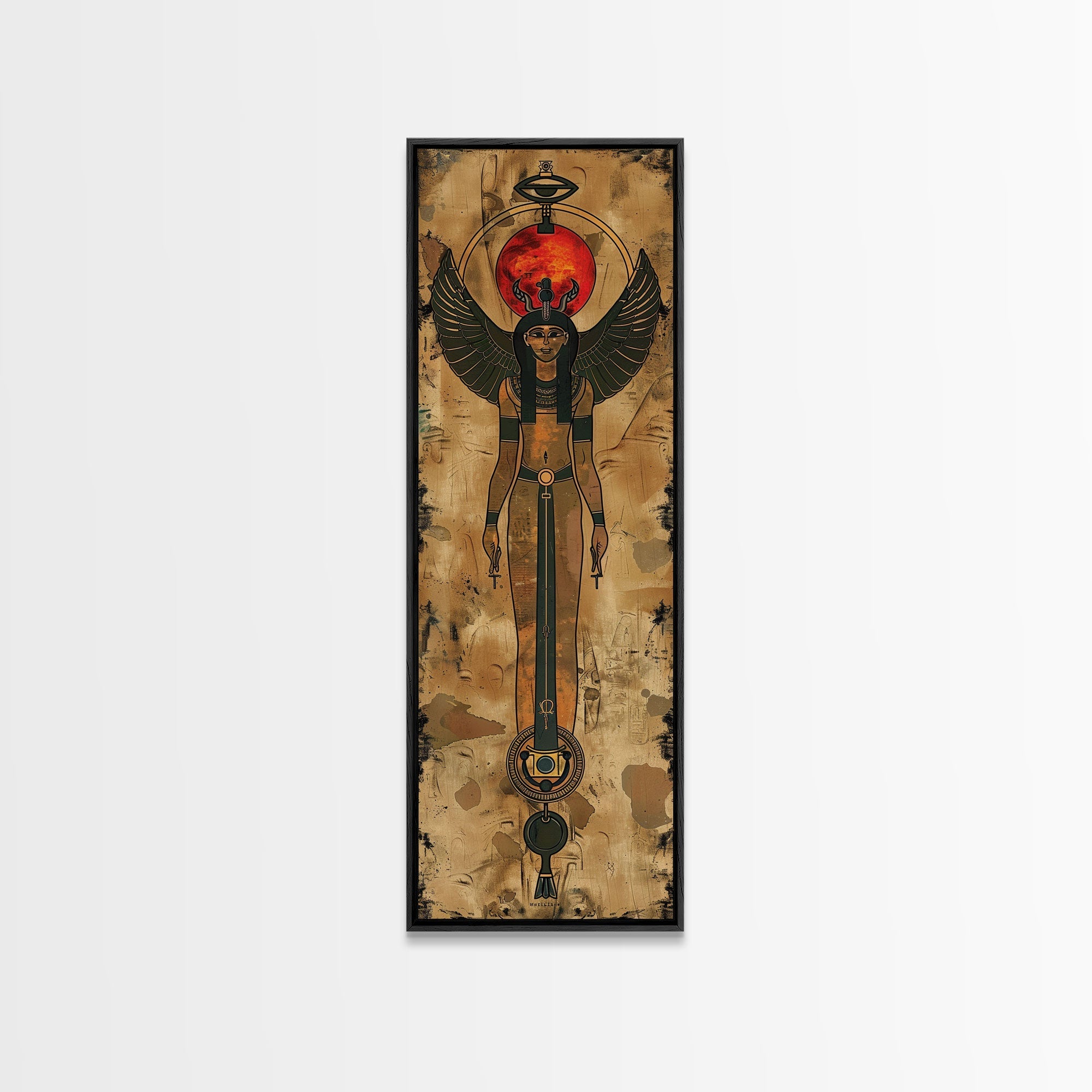 Egyptian Art Depiction of Goddess Isis - Framed Canvas Print, Midcentury Modern Wall Art, Skinny Art, Tall Art, Living Room Decor