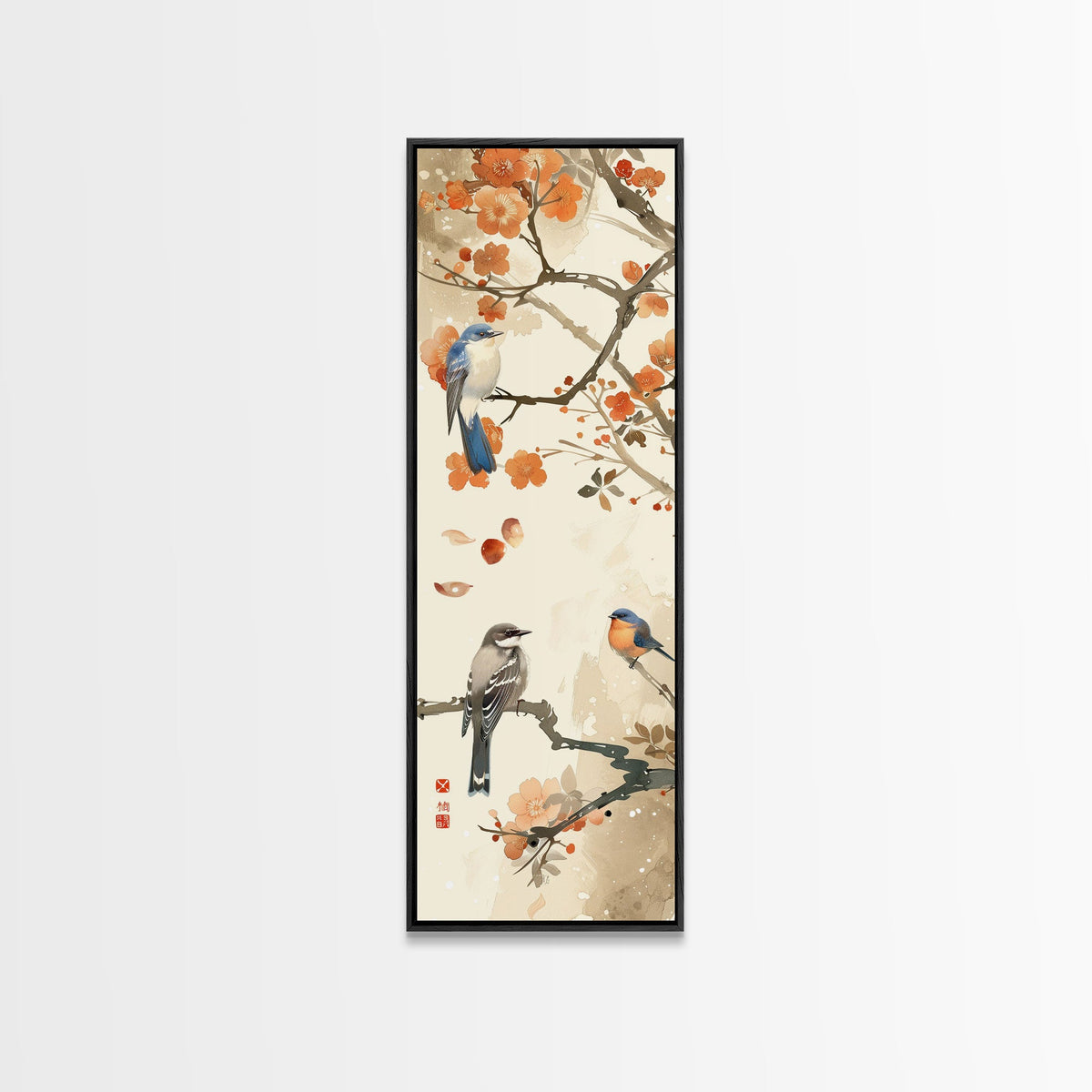Japanese Art Inspired by Tranquil Birds and Blossoms, Framed Canvas Print for Tall Skinny Art Lovers in Ukiyo-e Style