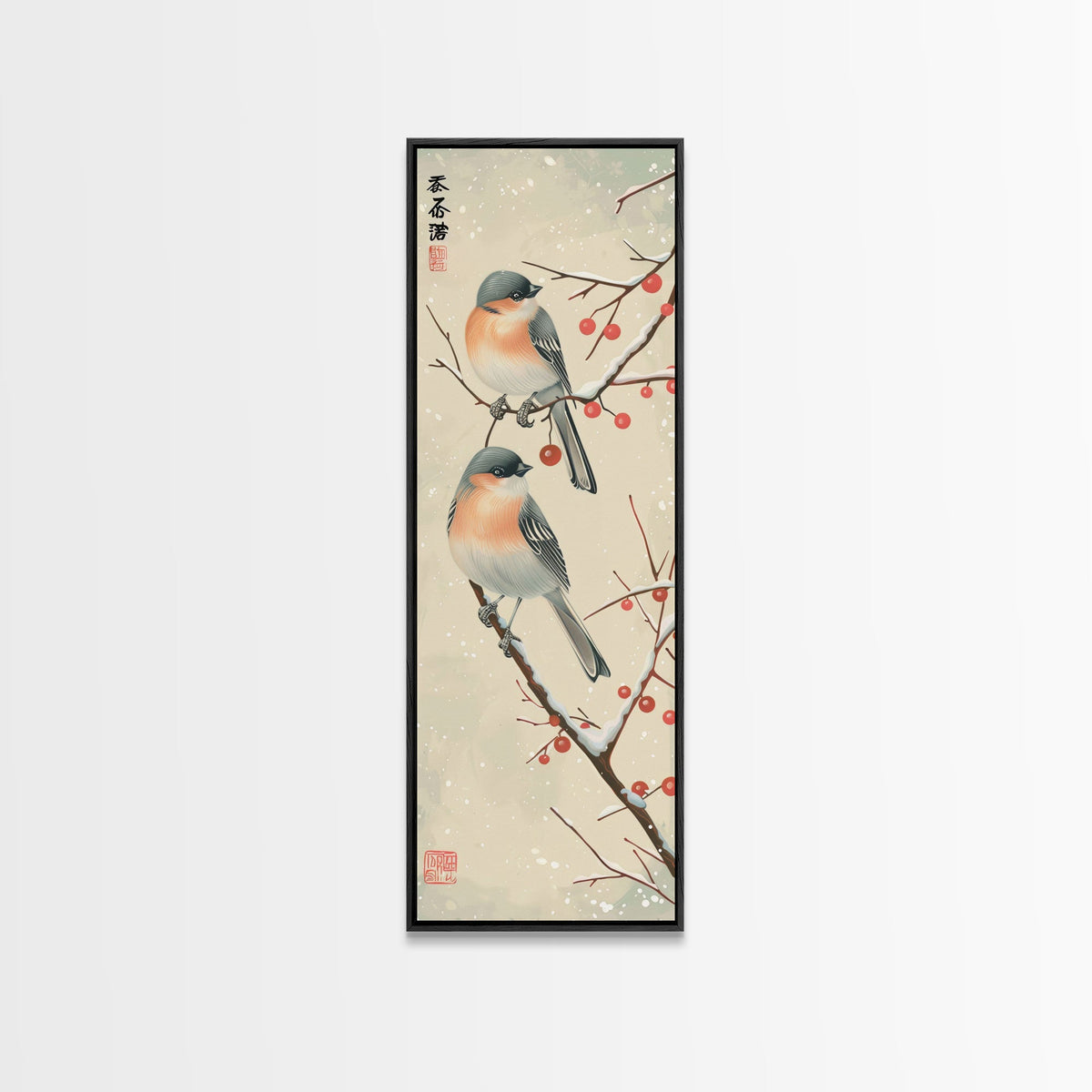 Pair of Birds on Snowy Branches, Japanese Art Framed Canvas Print, Tall and Skinny Wall Art in Ukiyo-e Style