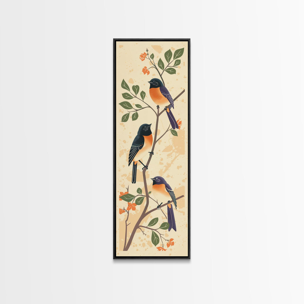 Three Birds Perched On A Branch Japanese Style Framed Canvas Print, Traditional Illustration Art Ready To Hang For Home Decor