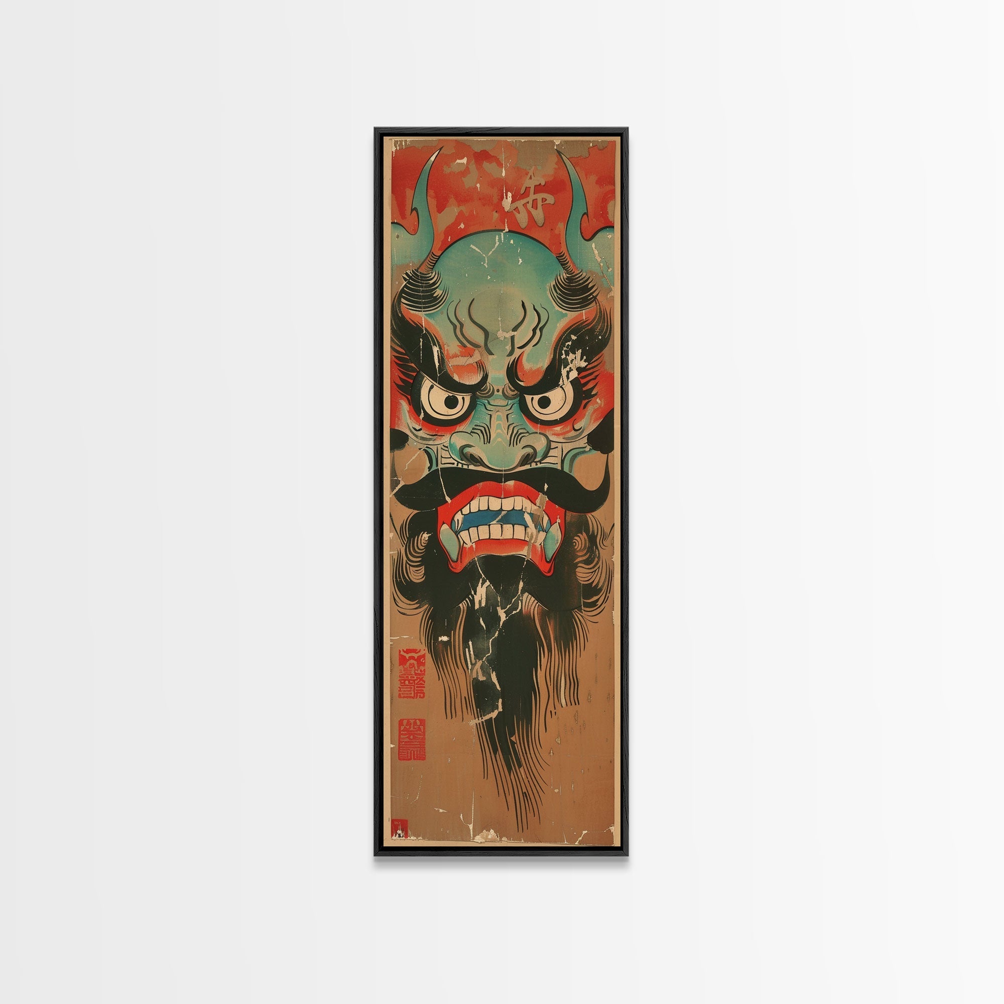 Traditional Japanese Demon Mask Art In Ukiyo-e Style Framed Canvas Print Tall Skinny Cultural Wood Block Wall Decor