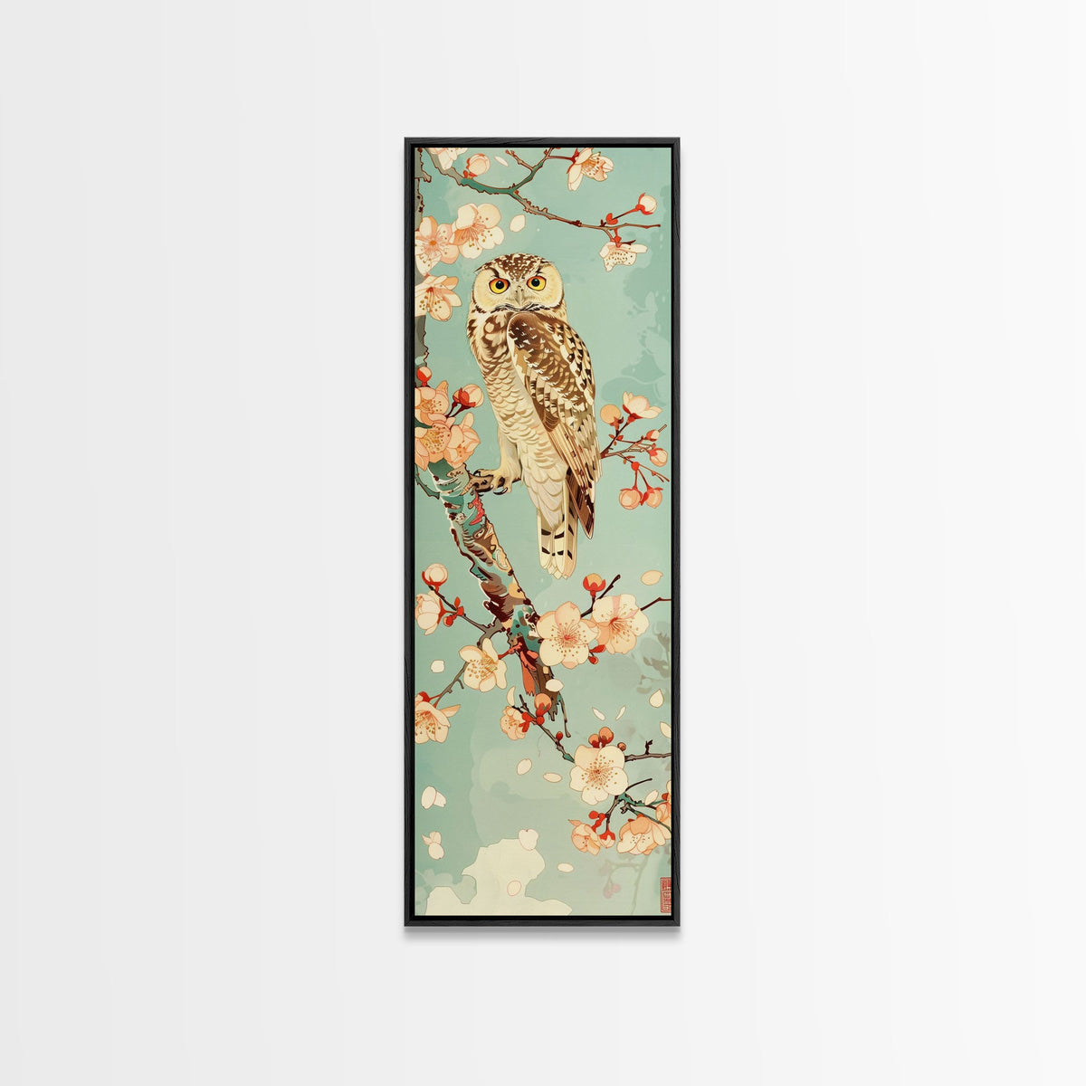 Owl Cherry Blossom Tree Traditional Japanese Tall Wall Art Skinny Framed Canvas Print Ukiyo-e Style