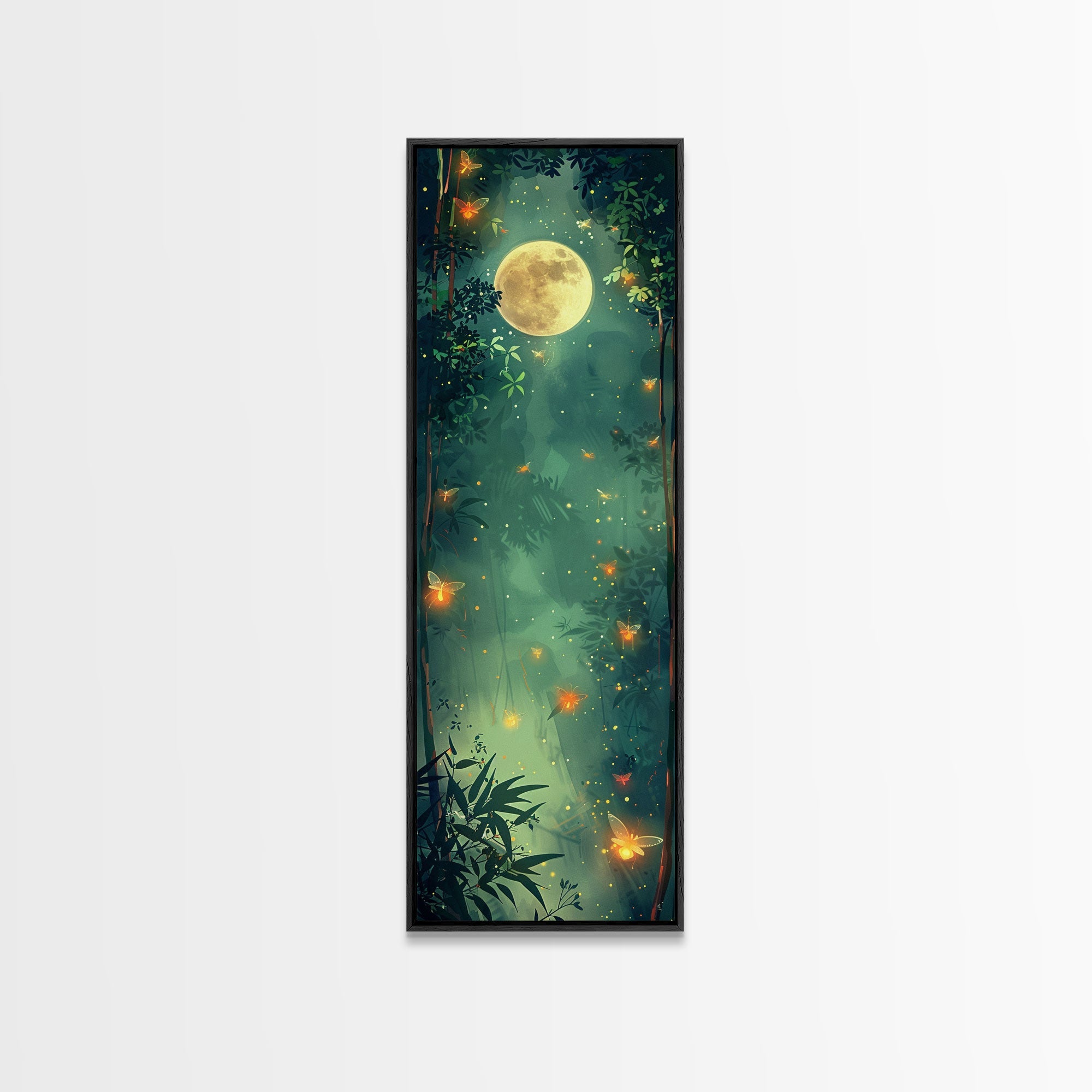 Enchanting Fireflies Illuminating Nighttime Forest Scene Under Full Moon Tall Framed Canvas Print Adding Magical Touch | | Wiccan Center