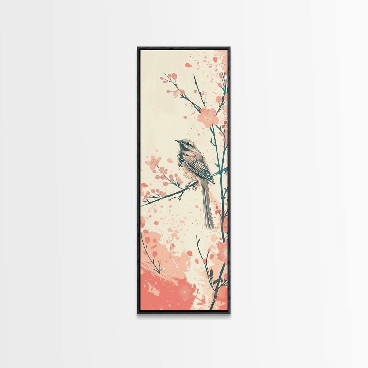 Perched Bird Among Blossoming Cherry Branches – Framed Canvas Print With Skinny Art And Tall Art Inspired By Ukiyo-E Art And Japanese Style Art