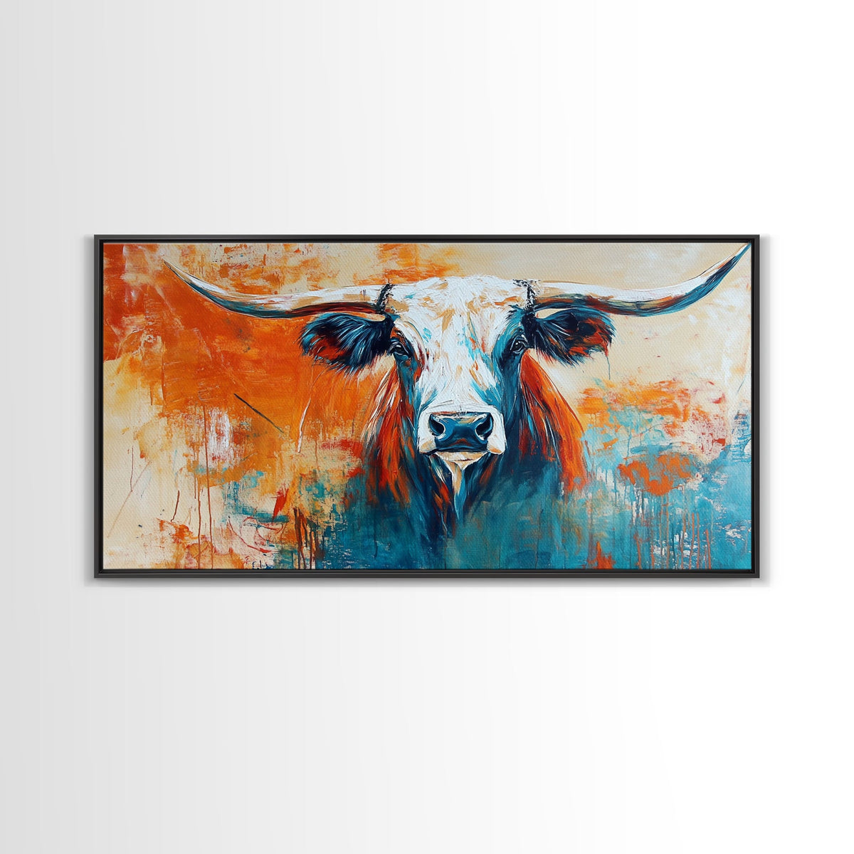 Longhorn Art, Rustic Decor, Farmhouse Art, Vintage Western Art, Southwest Wall Art, Animal Painting, Large Wall Art, Framed Canvas Print