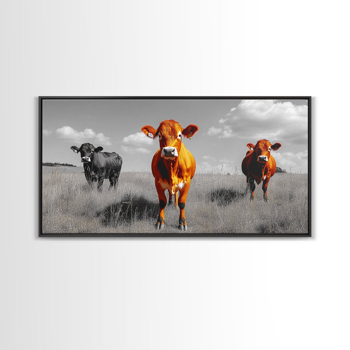 Highland Cows Canvas Print | Rustic Farmhouse Art | Black and White Cattle Painting | Moody Art | Above Sofa Wall Art | Extra Wide Art