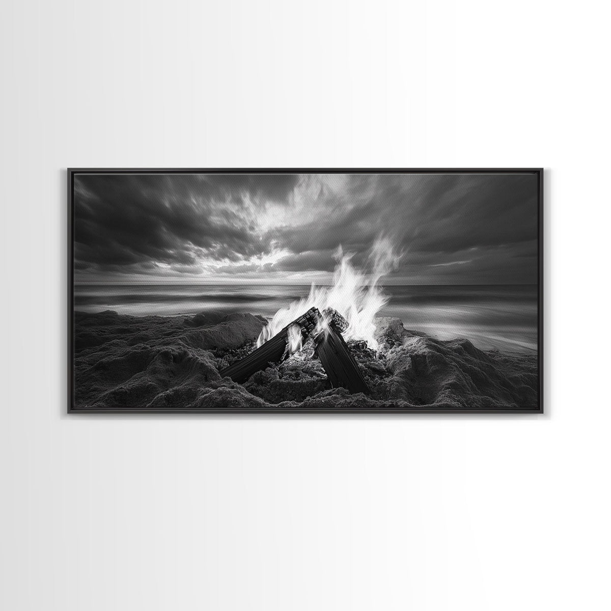 Beach bonfire, moody art, seascape painting, coastal decor, extra wide art, panoramic painting, above bed wall art, framed canvas print | | Wiccan Center