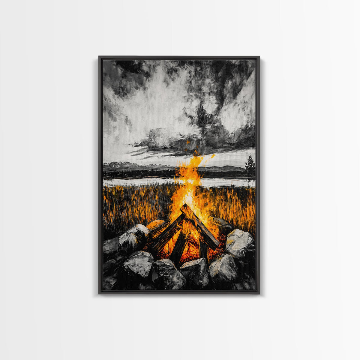 Campfire Painting, Moody Art, Rustic Wall Decor, Fire Pit Artwork, Black White Orange Art, Framed Canvas Print, Cabin Wall Art | | Wiccan Center