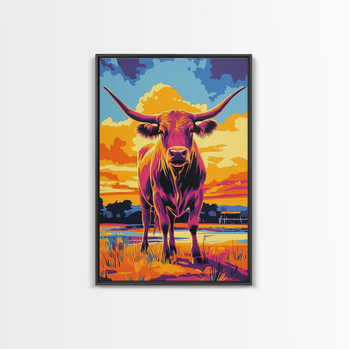 Sunset Longhorn, cowboy art, bull and bear art, southwest wall art, rustic art, pink orange wall art, vintage horse art, Canvas Print